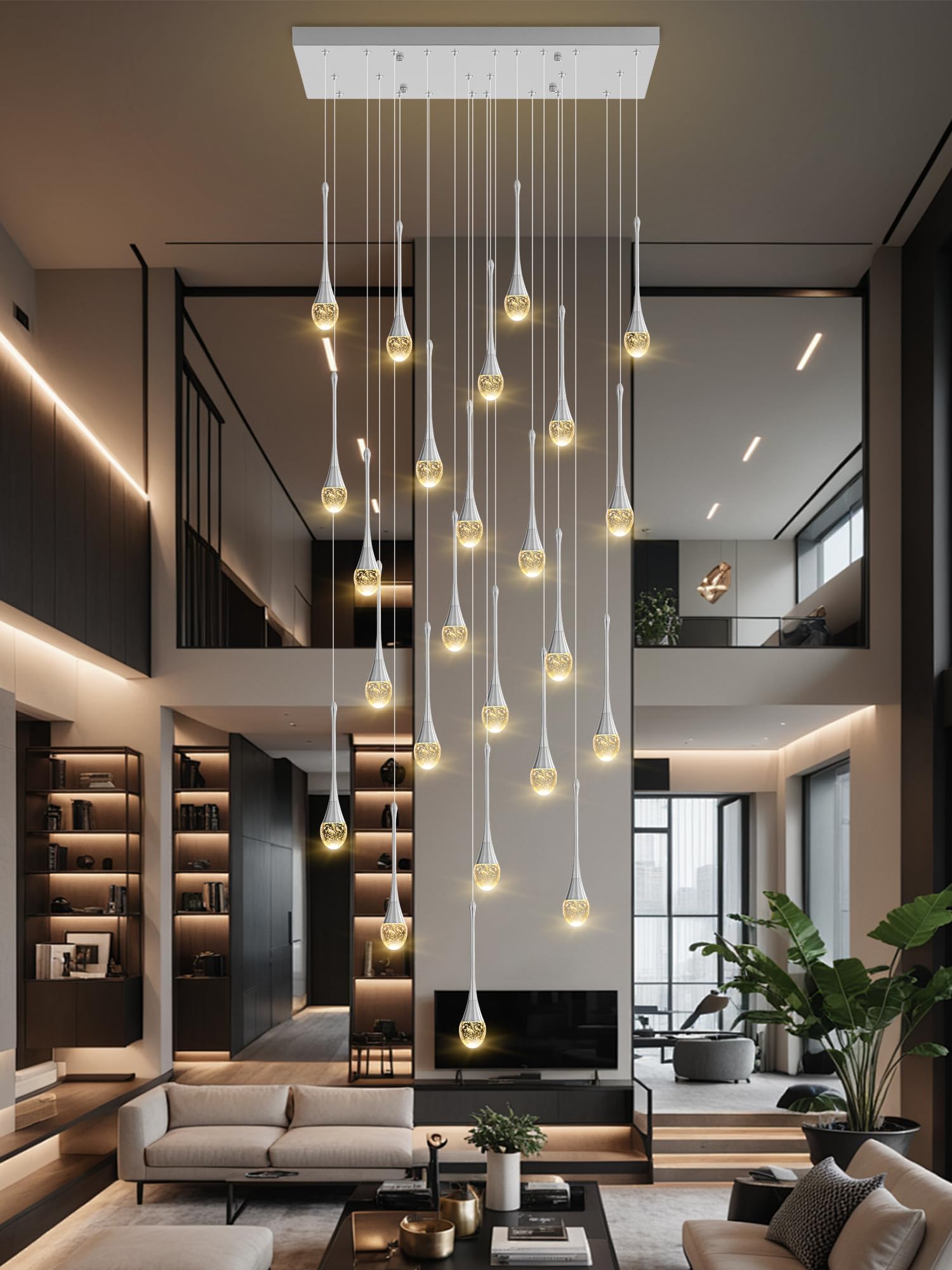 24-Lights Rectangular Chandelier Crystal Raindrop Chandeliers Flush Mount Ceiling Light For Dining Room Living Room High Ceiling