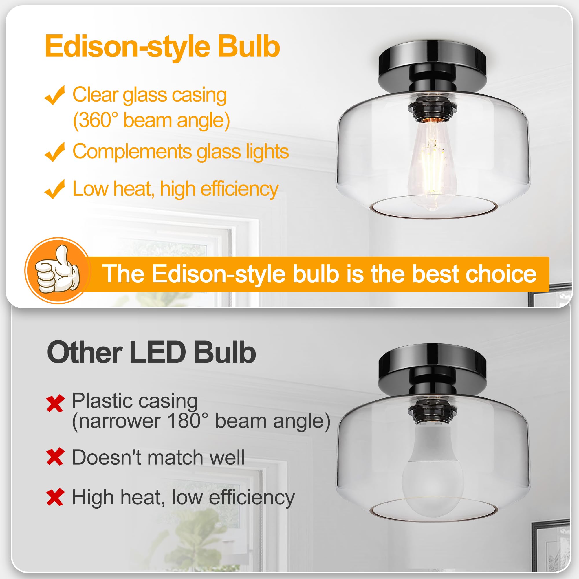 Lynnoland Industrial Black Chrome Semi Flush Mount Ceiling Light With 800 Lumen Led Bulb