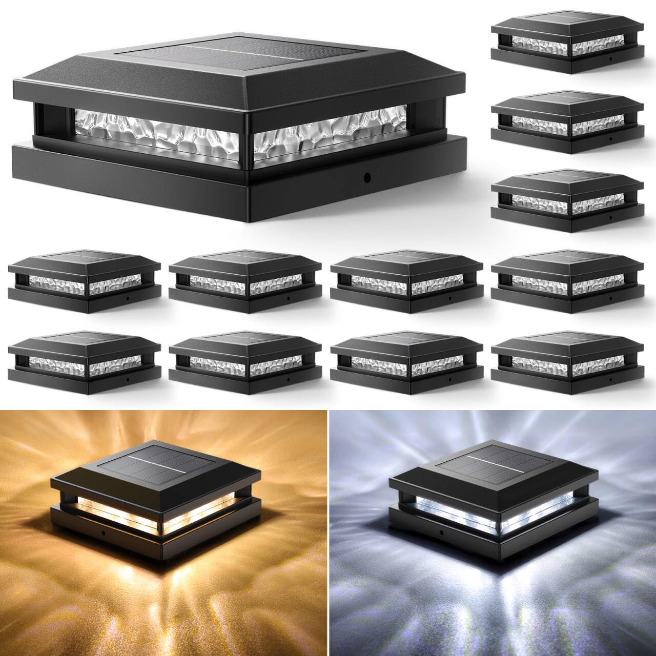 Solar Post Cap Lights 12 Pack  Upgraded Outdoor Fence Post Lights for 4x4 4.5x4.5 5x5 Vinyl/Wood Posts  Black Deck Posts Cap Light Solar Powered with Warm White/Cool White for Garden Patio Porch
