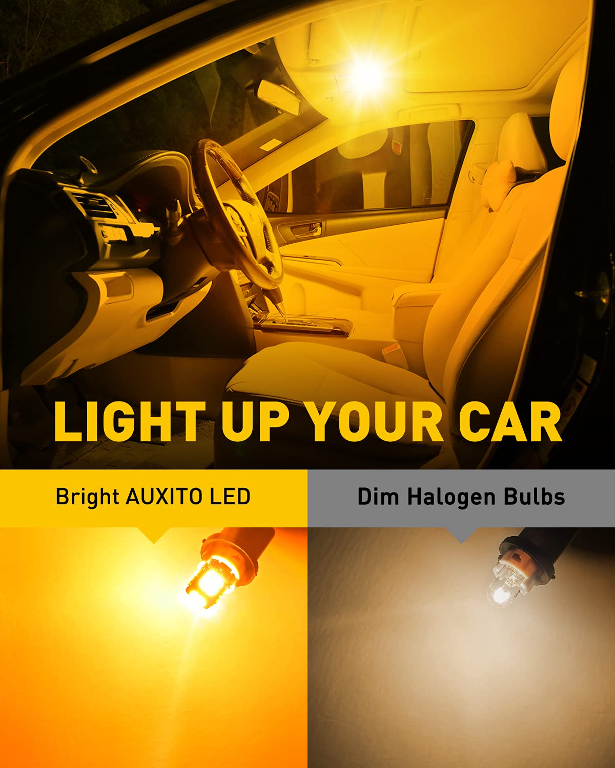 Auxito 194 Led Light Bulb Amber Yellow 168 2825 W5W T10 Wedge 14-Smd Led Replacement Bulbs For Car Dome Map Door Courtesy License Plate Lights, Pack Of 10