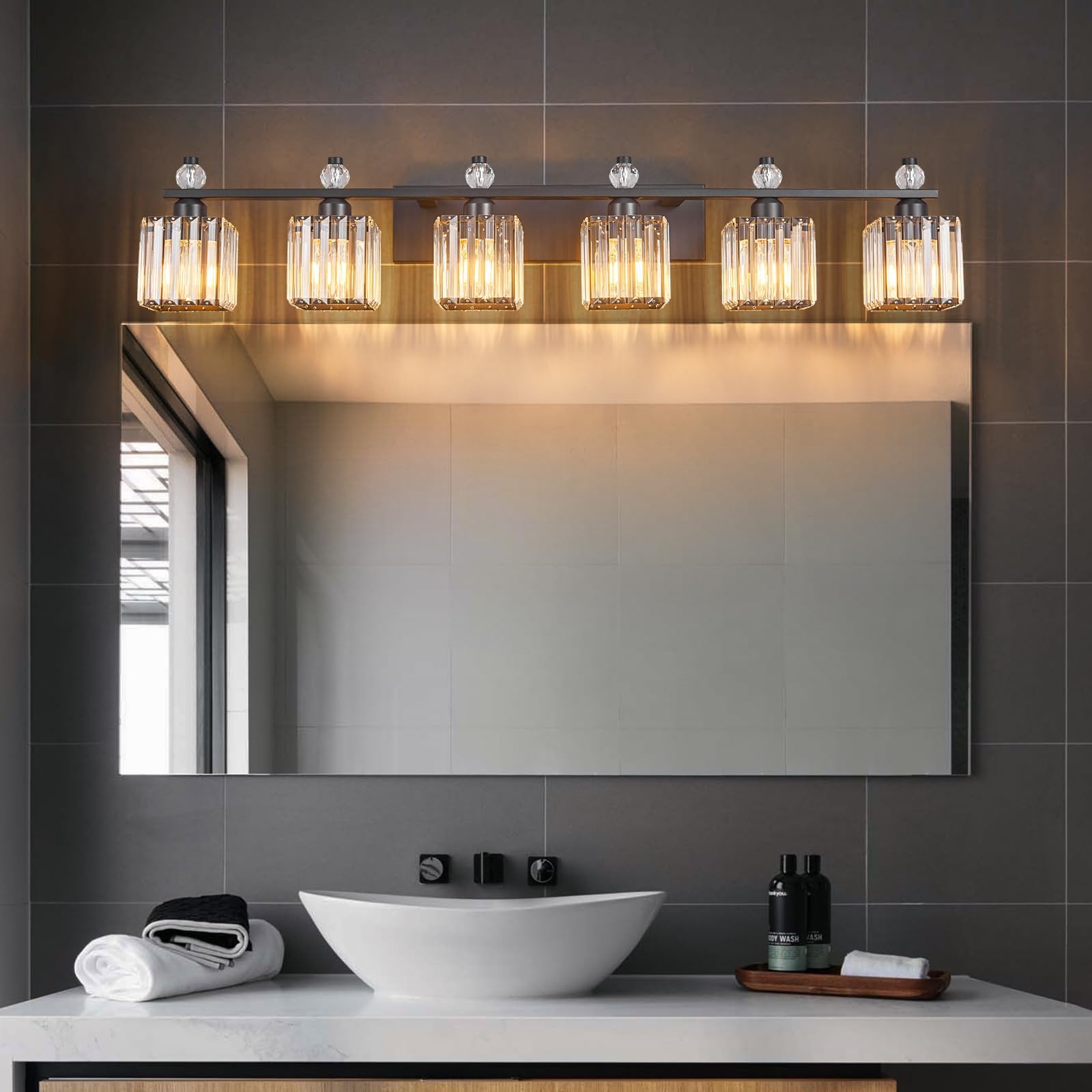 FDPBY 6-Light Crystal Vanity Light Fixture Sand Black Model 290 for Bathroom Over Mirror