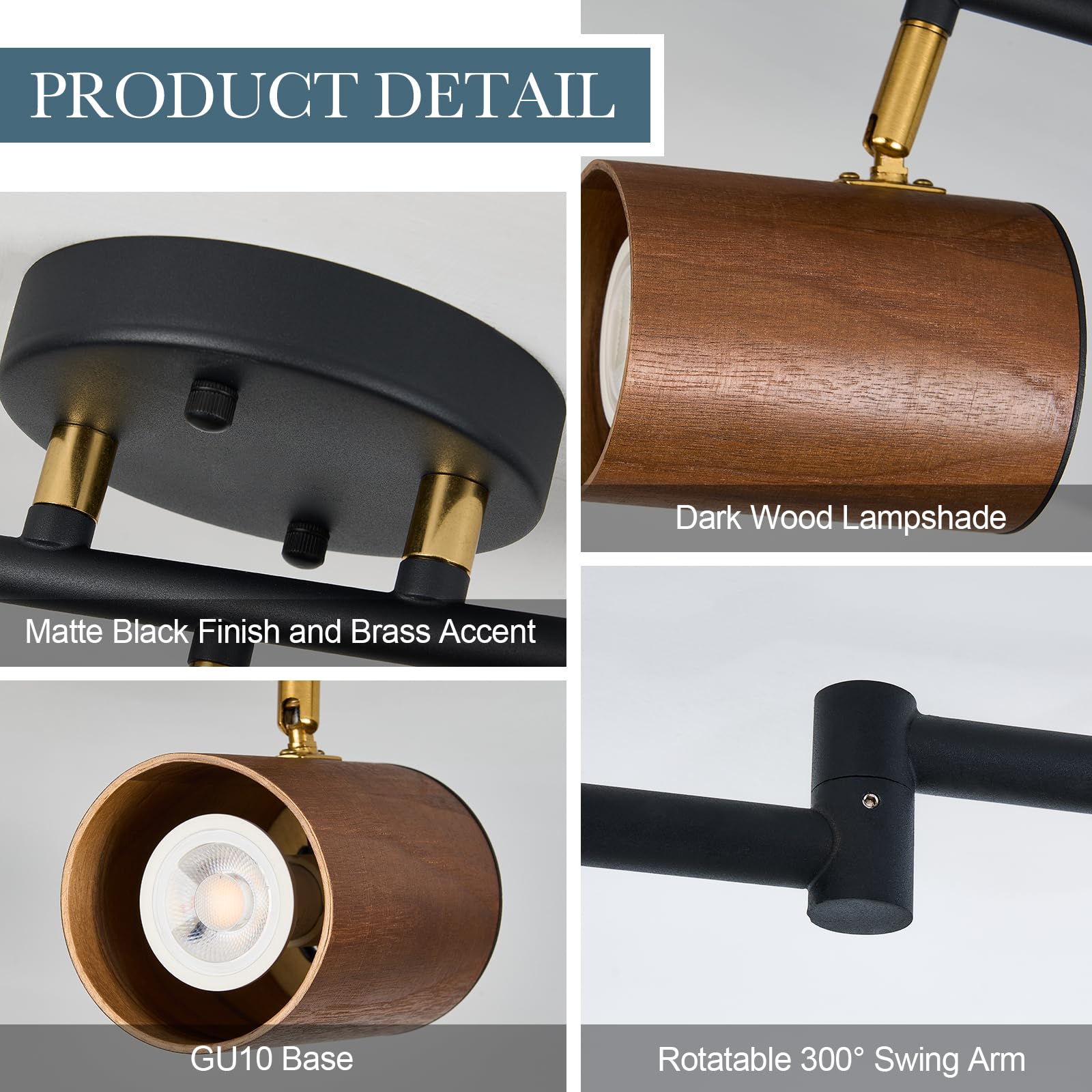 Modern 6-Light Track Lighting, 47 Inch, Natural Wood Adjustable Light Heads, Brass Accent, Matte Black Ceiling Track Lights For