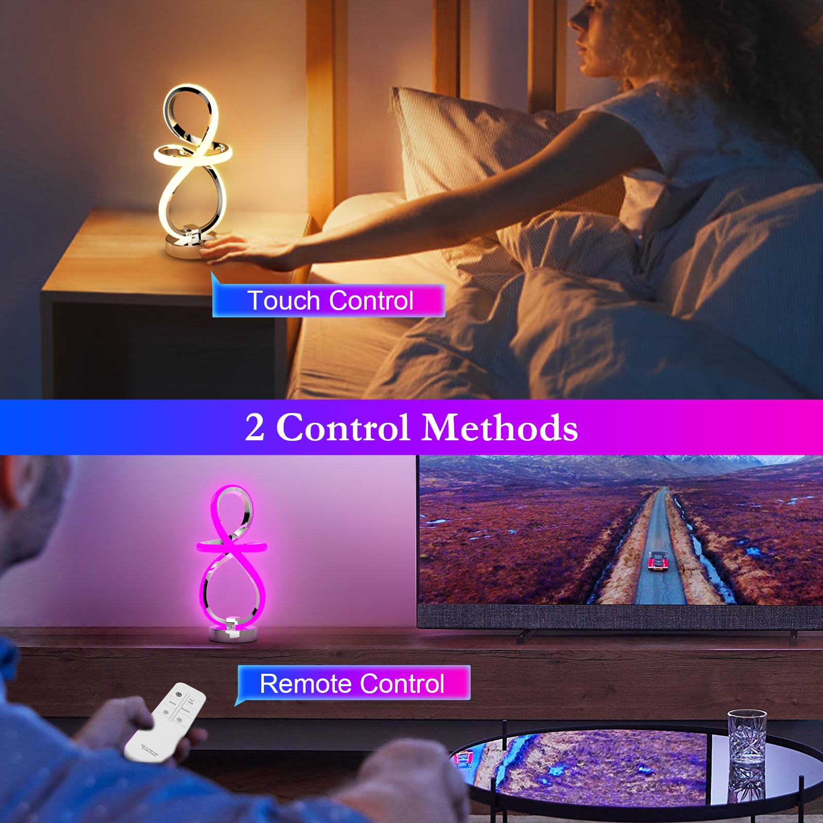 PutWish Modern Table Lamp, 3-Level Dimmable RGB LED, Touch & Remote Control, Silver, Model MT7195-1
