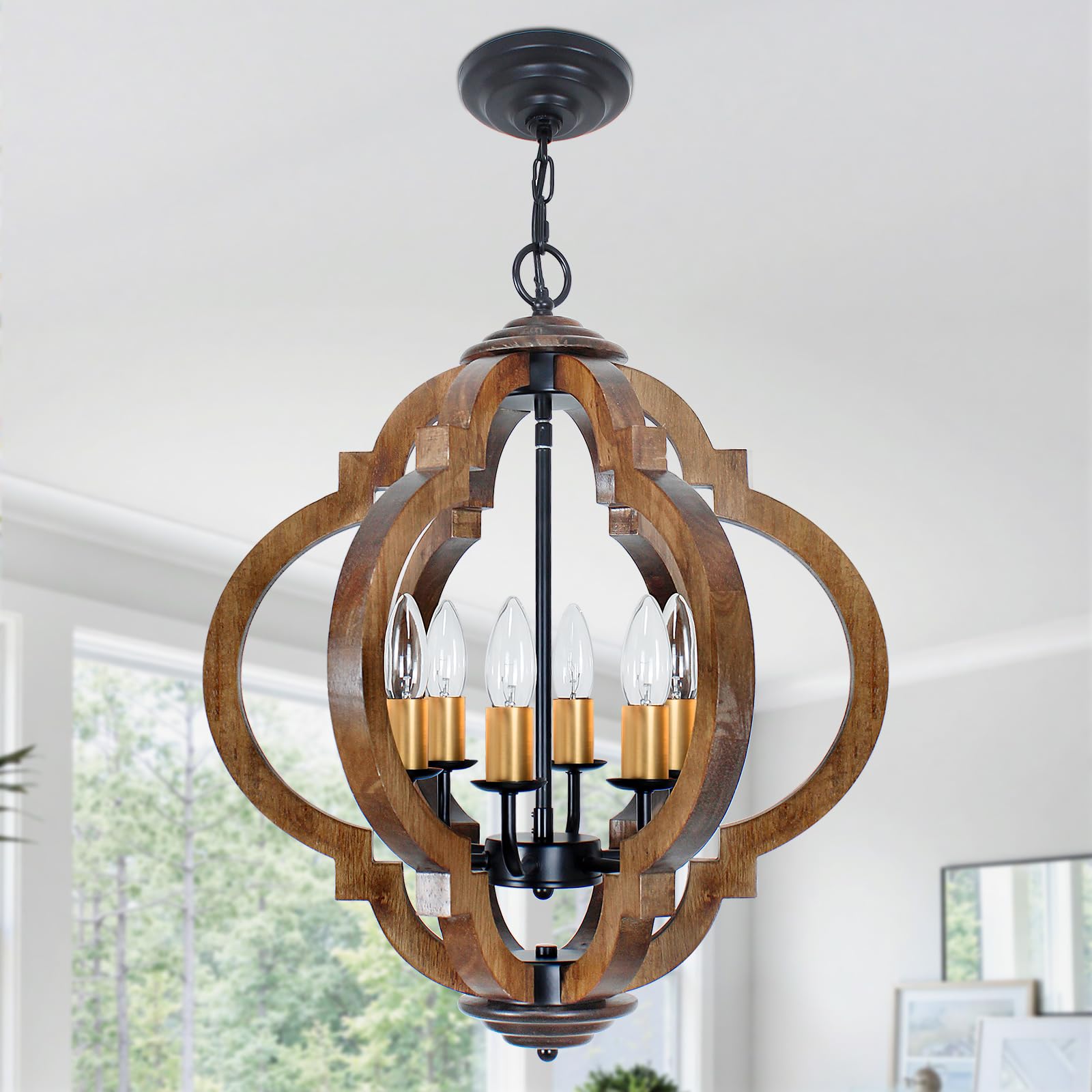 6-Light Farmhouse Chandelier, Rustic Wood Dining Room Light Fixture with Dark Brown Wood & Gold Metal, Easy to Install for Kitch