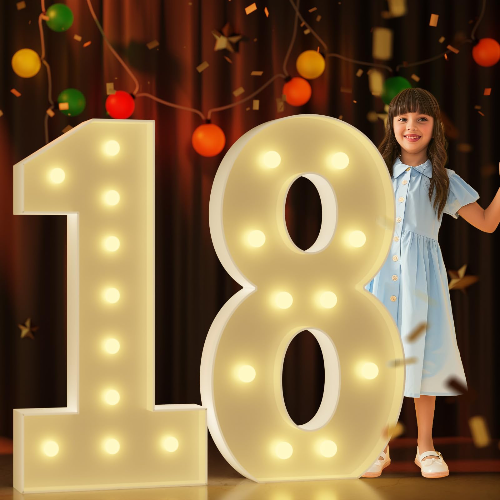 Marquee Numbers 4 Feet Tall Large Light Up Numbers 18Th Birthday Decorations Girl Boy Big Yellow Light Outdoor Anniversary Decorations Balloon Arch Kit Party Backdrop 18