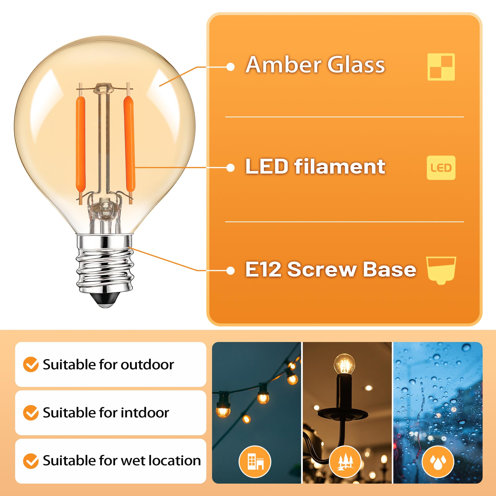 25Pack G40 Amber Glass Led Replacement Bulbs, 1.5W Equivalent 15W E12 Screw Base Shatterproof Globe Light Bulb For Indoor & Outd