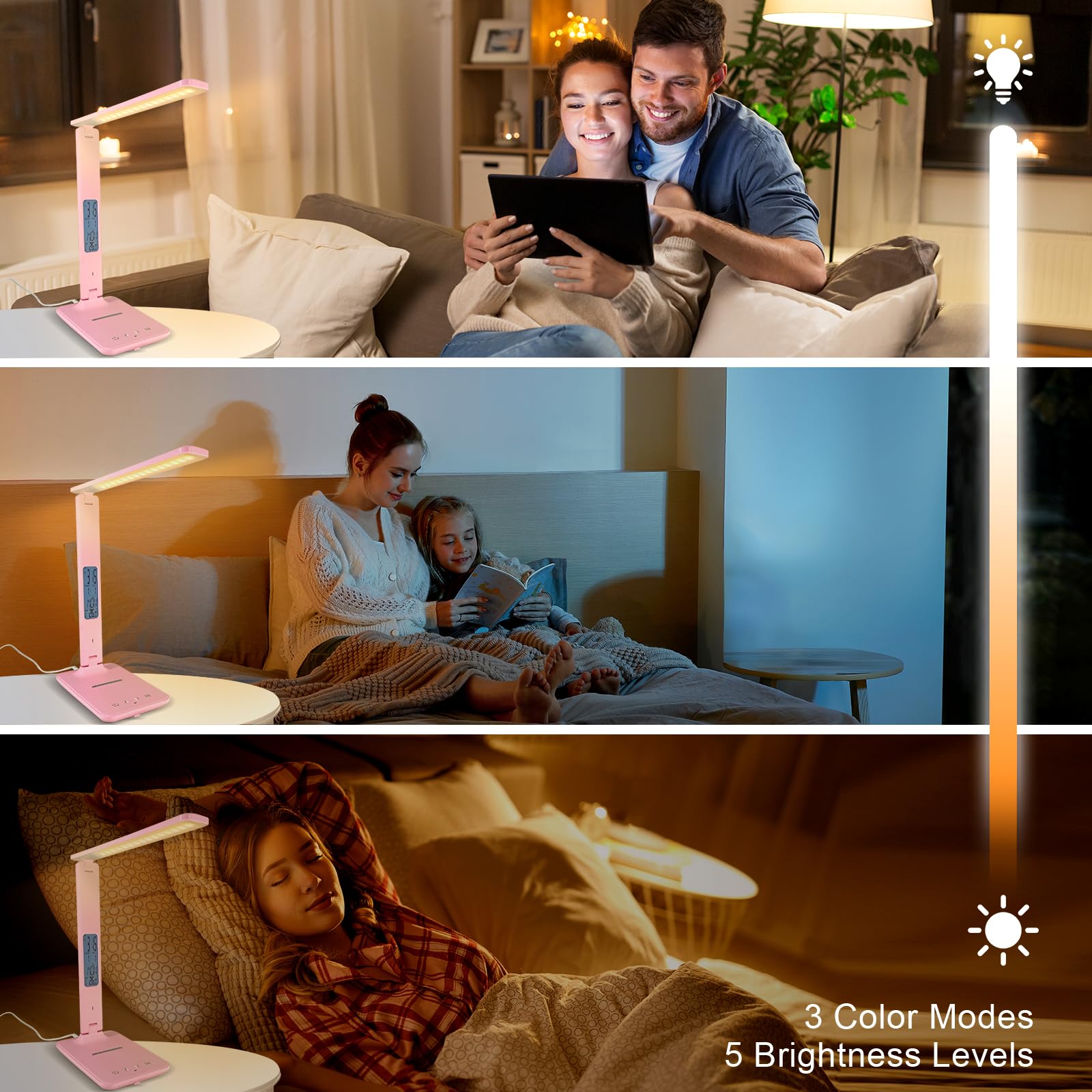 Snsok Desk Lamp With Wireless Charger, Usb Charging Port, Dimmable Office Desk Light With Clock, Alarm, Date, Temperature, Foldable Lamp For Table Bedroom Bedside Office (Pink)