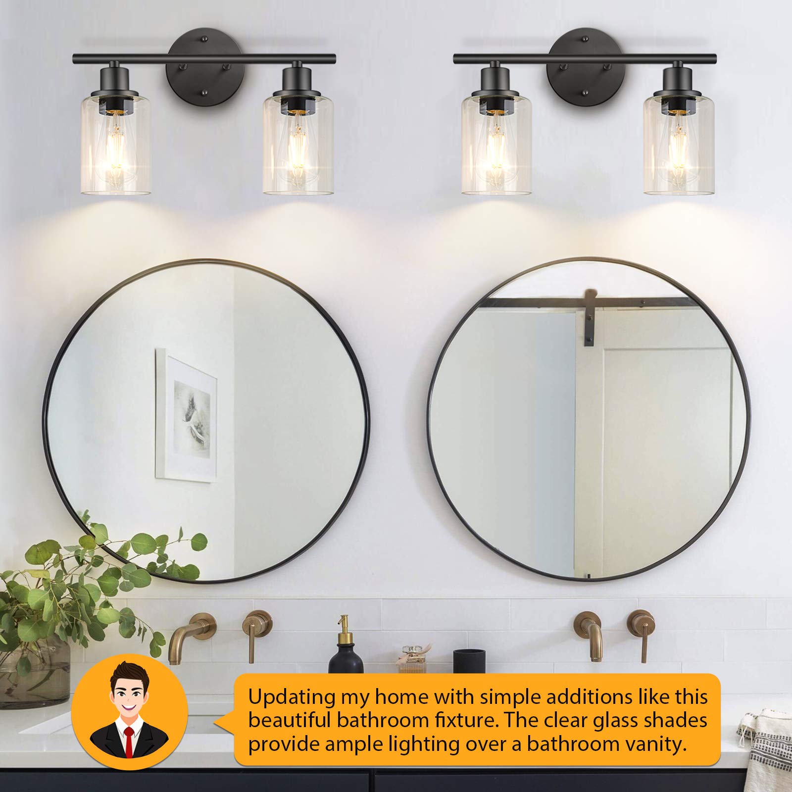 Folksmate 2-Light Matte Black Vanity Light Fixtures With Glass Shade For Modern Bathrooms
