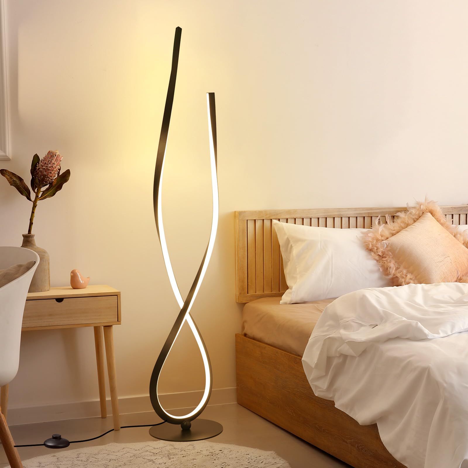 NUÜR Modern Spiral LED Floor Lamp, 59in Black, Remote Control, Aluminum, Model FL001
