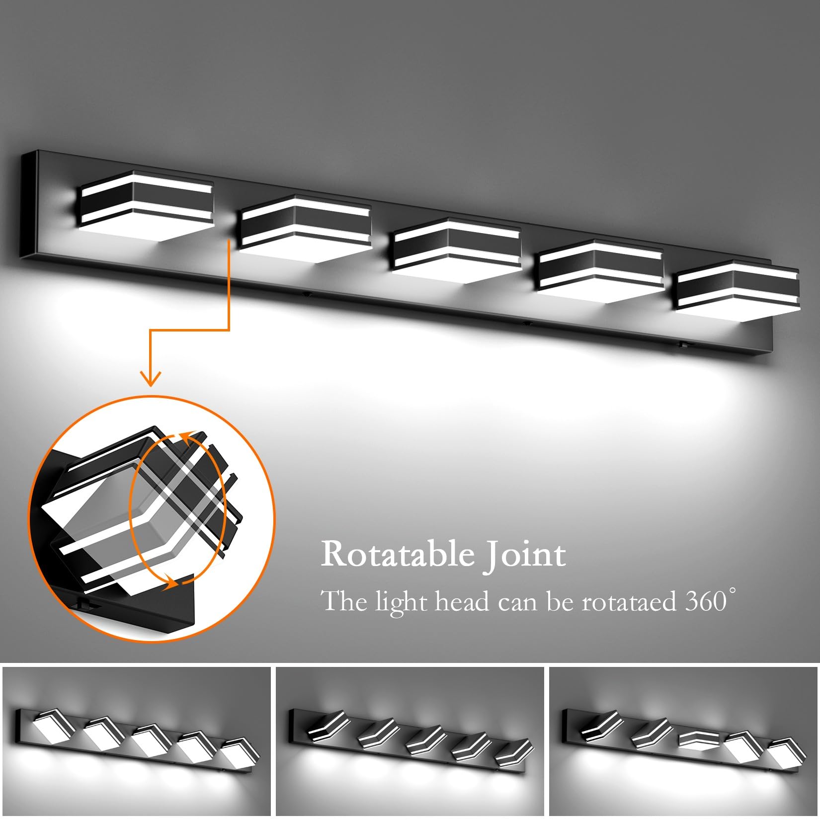 Ralbay 5-Light Dimmable LED Vanity Light - 40.5" Matte Black, 5 Color Temperatures (3000K-6000K) - Modern Bathroom Lighting, Model