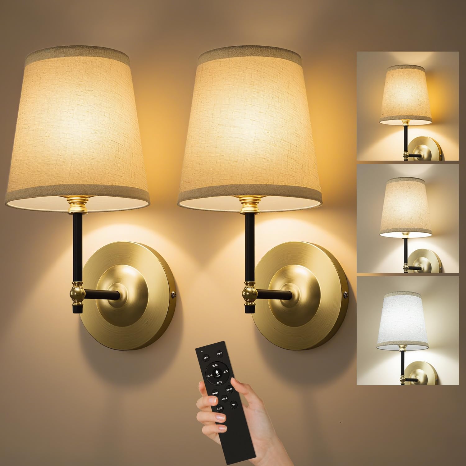 FUNTAPHANTA Battery Operated Wall Sconce Set of Two - Remote Control, Dimmable, Wireless, Black Gold, Model FH-WS01-BG2