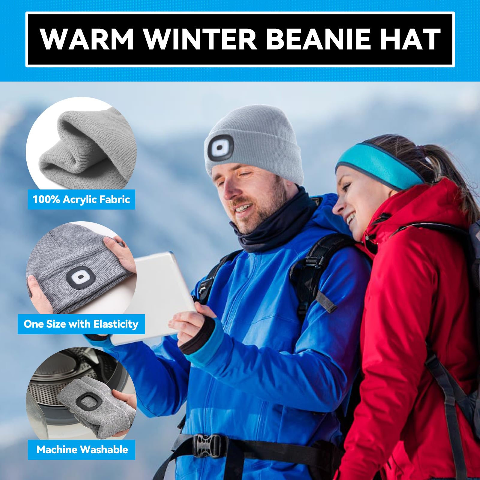FFIPBGE Beanie Hat with LED Light, USB Rechargeable, 1 Pack, Gray, Model BHL2413, Ideal for Camping and Hiking