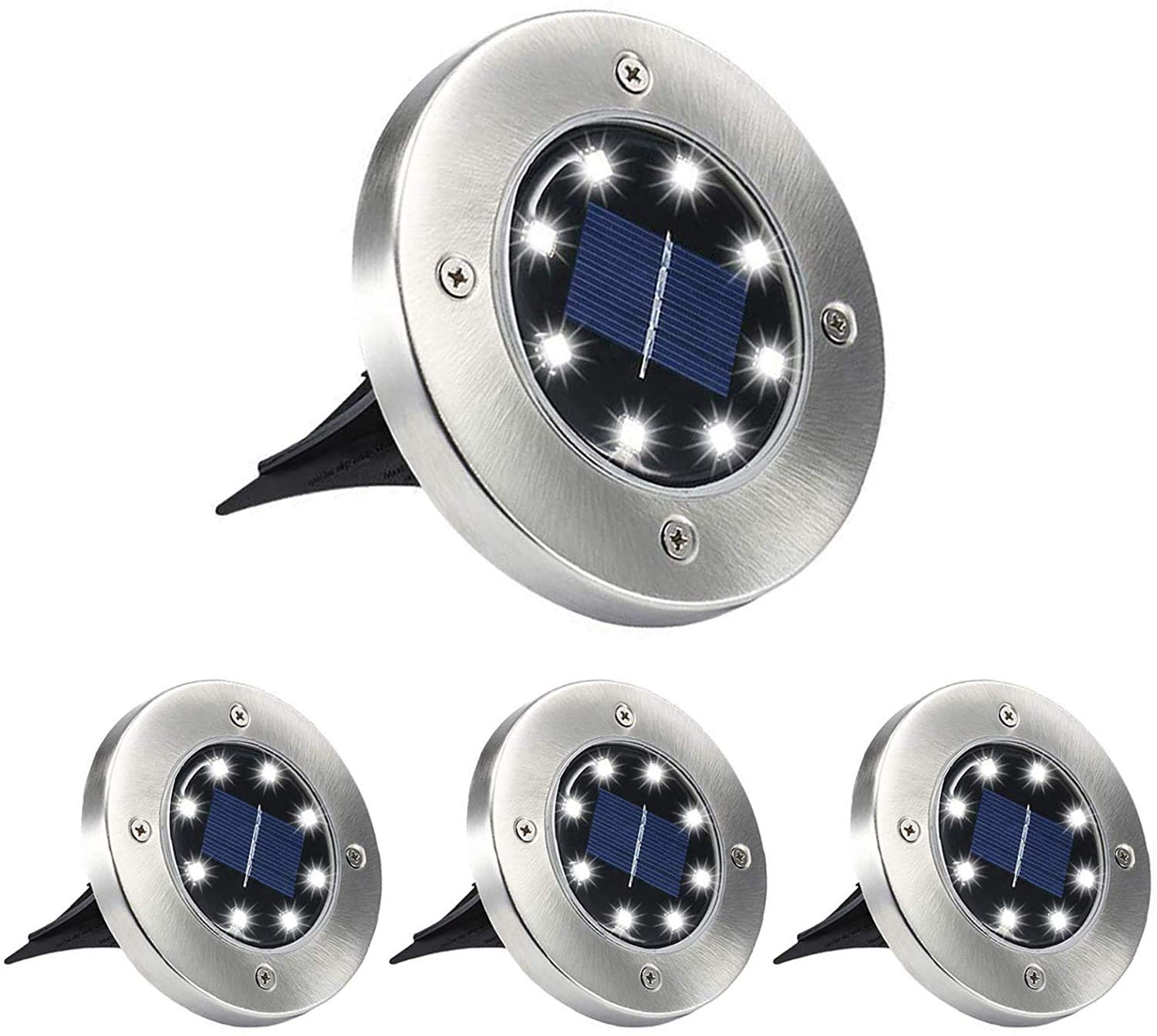 Aogist Solar Ground Lights, LED Garden Disk Lights, Stainless Steel, 4 Pack, White, Model 43397-23877