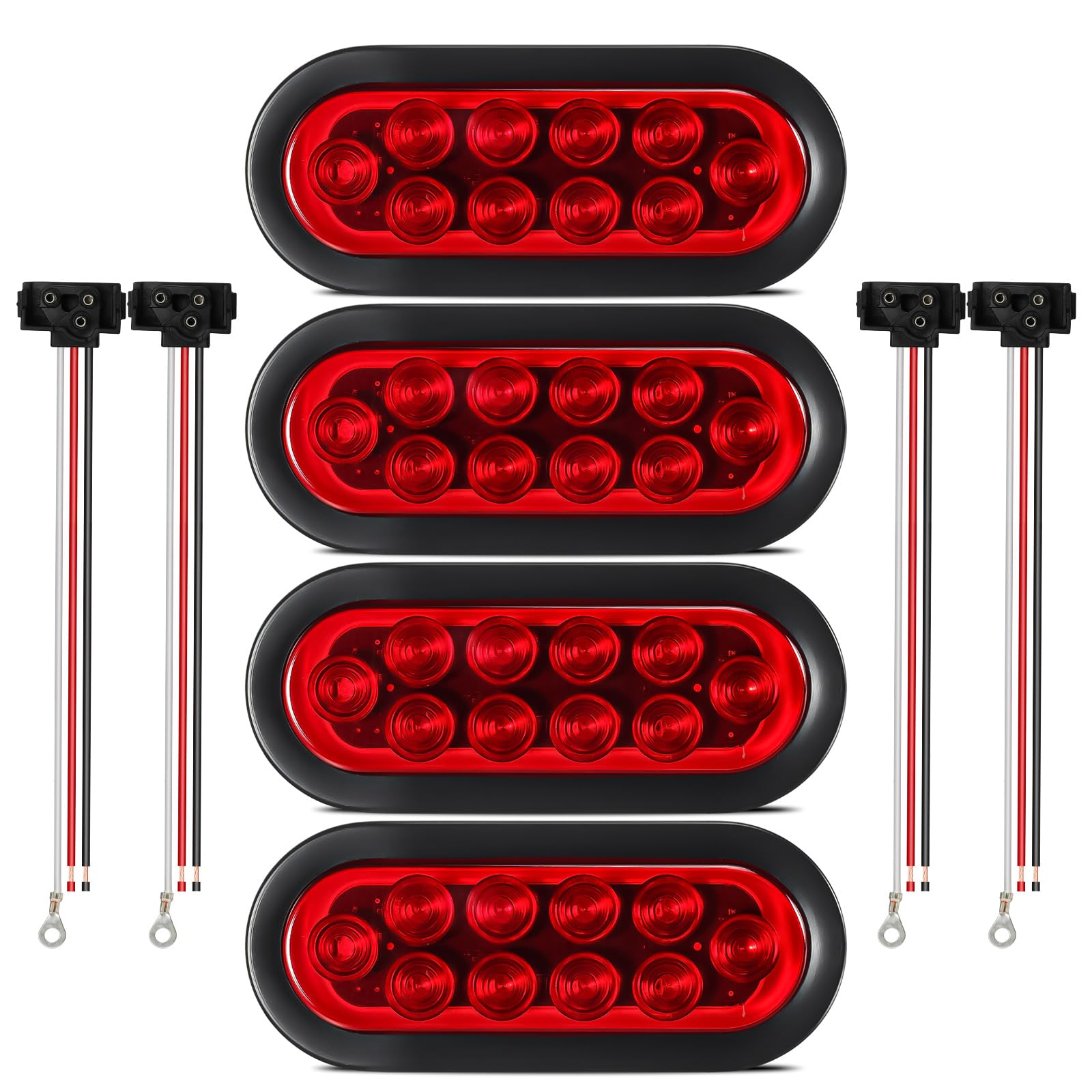 Partsam 4pcs Trailer Truck LED Sealed RED 6 Oval Stop/Turn/Tail Lights Flush Mount Waterproof Including 3-pin Water Tight Plug with Wires and Grommets Sealed DOT Compliant