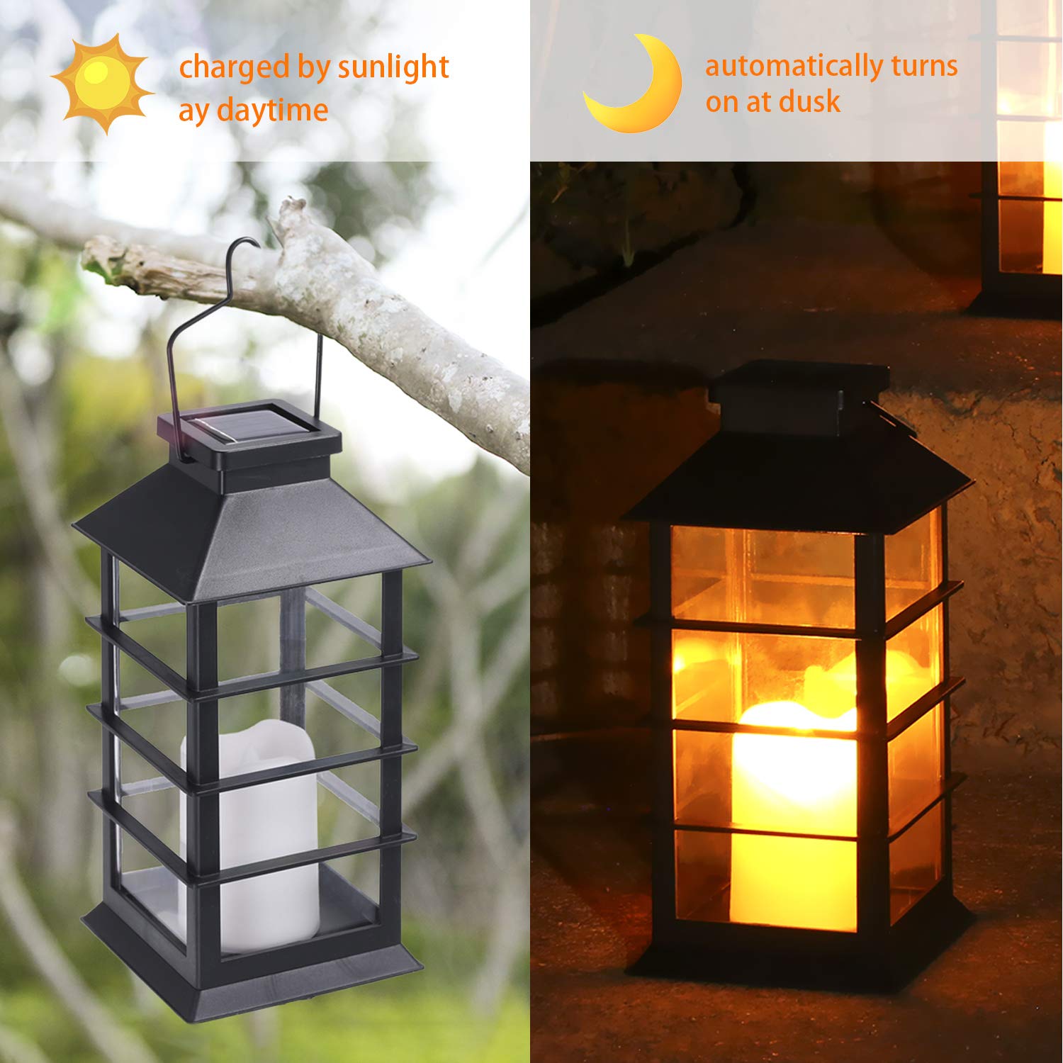 Tomshine LED Solar Lanterns - Waterproof Flickering Flame Candle Lights for Outdoor, Black, 2 Pack, Model LT102