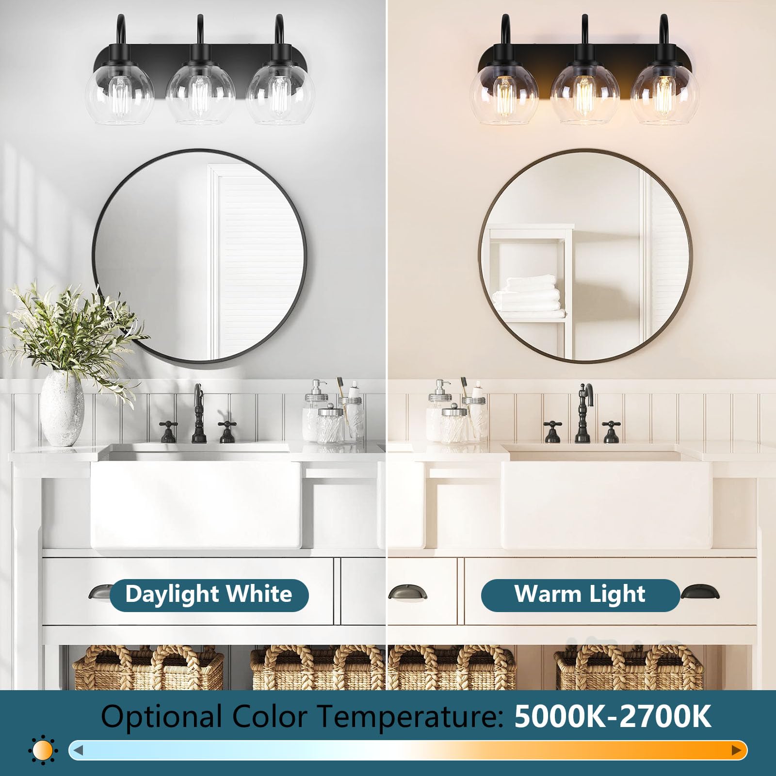 Dpyrrhic Bathroom Vanity Light,Modern 3-Light Bathroom Lighting Fixtures Over Mirror With Clear Glass Shade And Metal Base,Matte