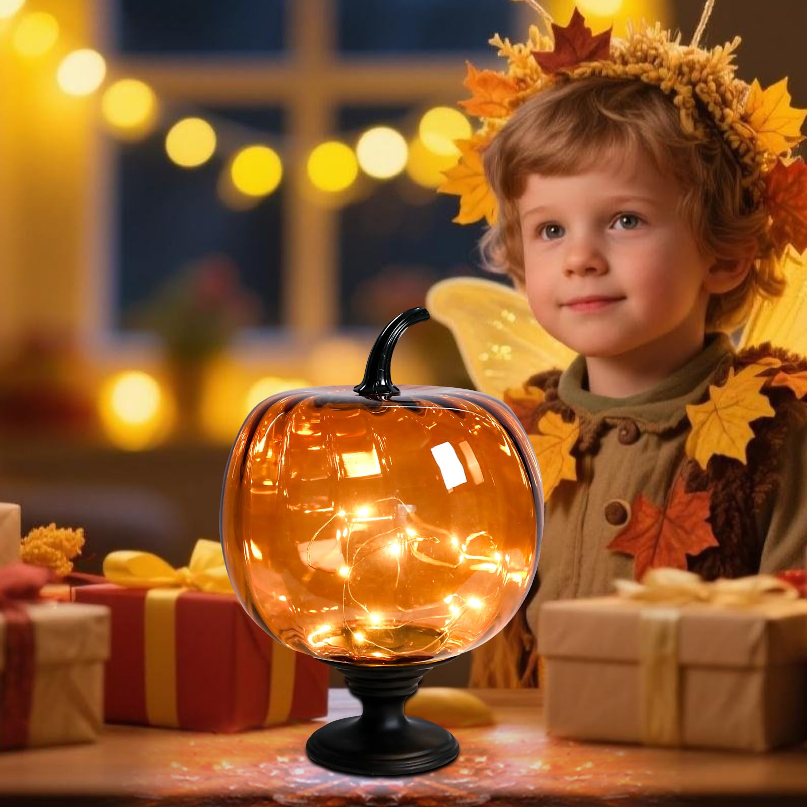 Afirst Decorative Glass Pumpkin Lights  Battery Operated Pumpkin Table Lamps  Halloween Fall Harvest Collection