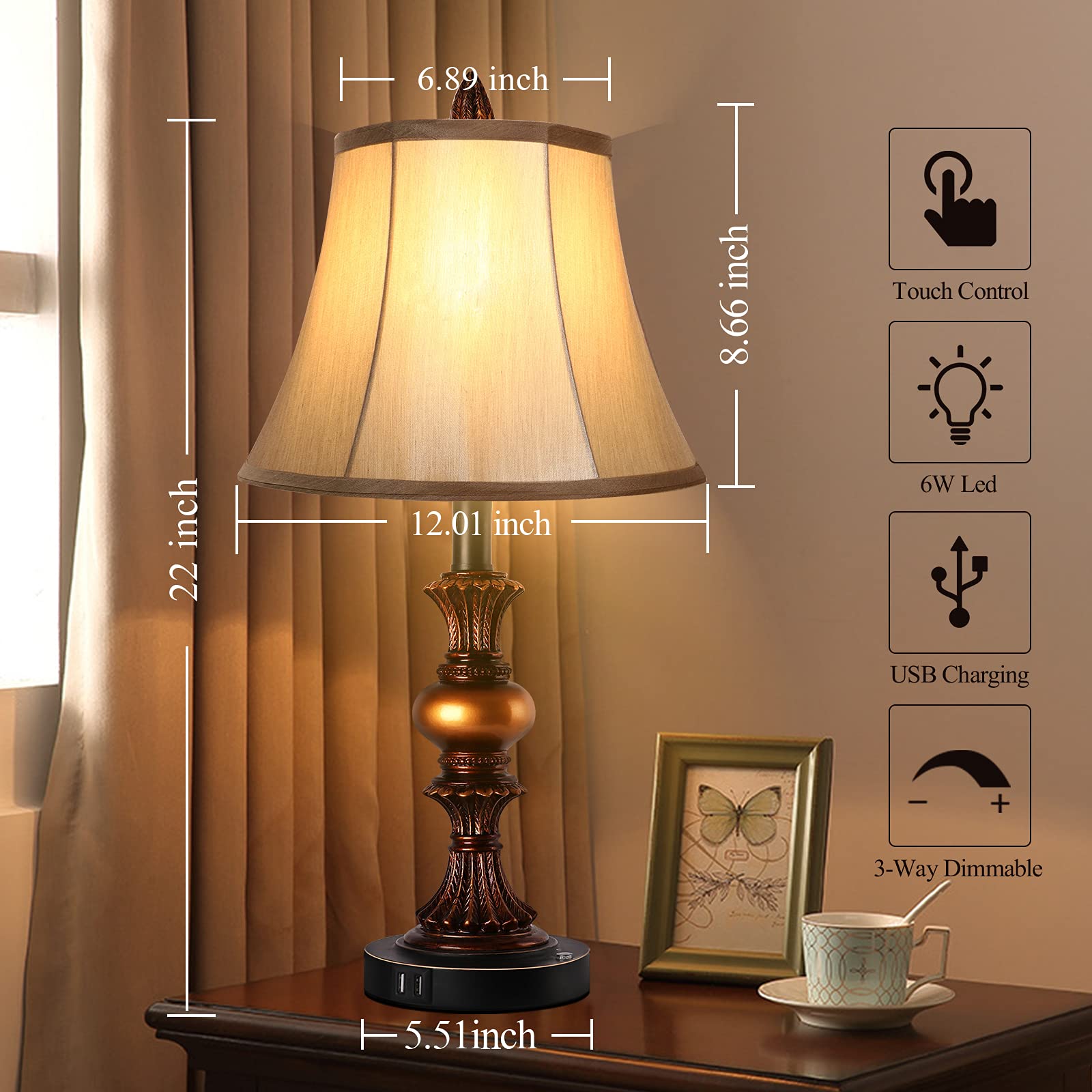 Touch Control Traditional Table Lamp Set Of 2, Vintage Bedside Lamps With Dual Usb Charging Ports, 3-Way Dimmable Bronze Finish Desk Lamps With Bell Shape Faux Silk Shade For Living Room, Bedroom