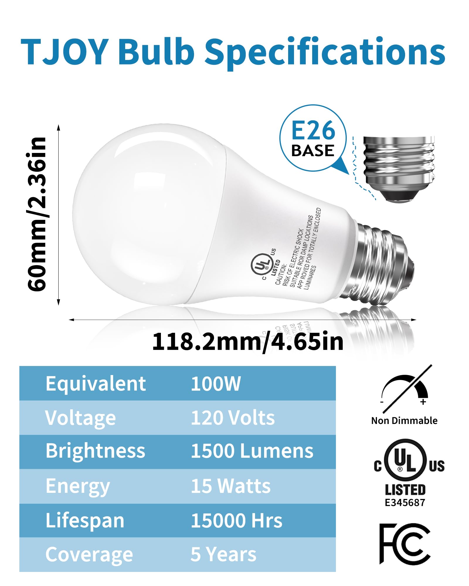 Tjoy Led Light Bulbs, 100W Equivalent A19, 15 Watt 5000K Daylight White Lightbulbs, Bright Energy Efficient Led Bulb, E26 Standa