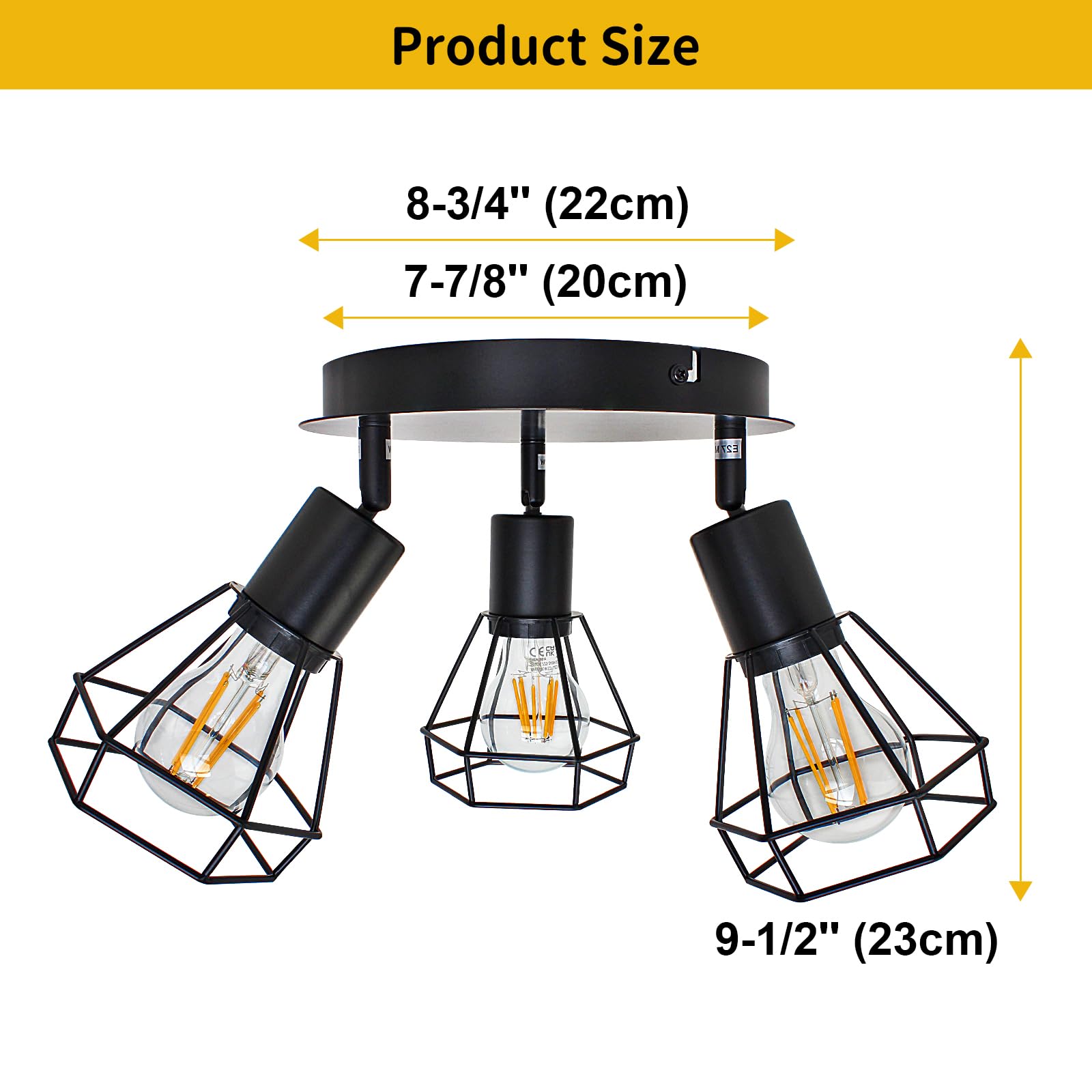 Hibay Led Track Lighting Fixtures, 3-Light Adjustable Directional Ceiling Light, Black Geometric Metal Cage Industrial Spotlight