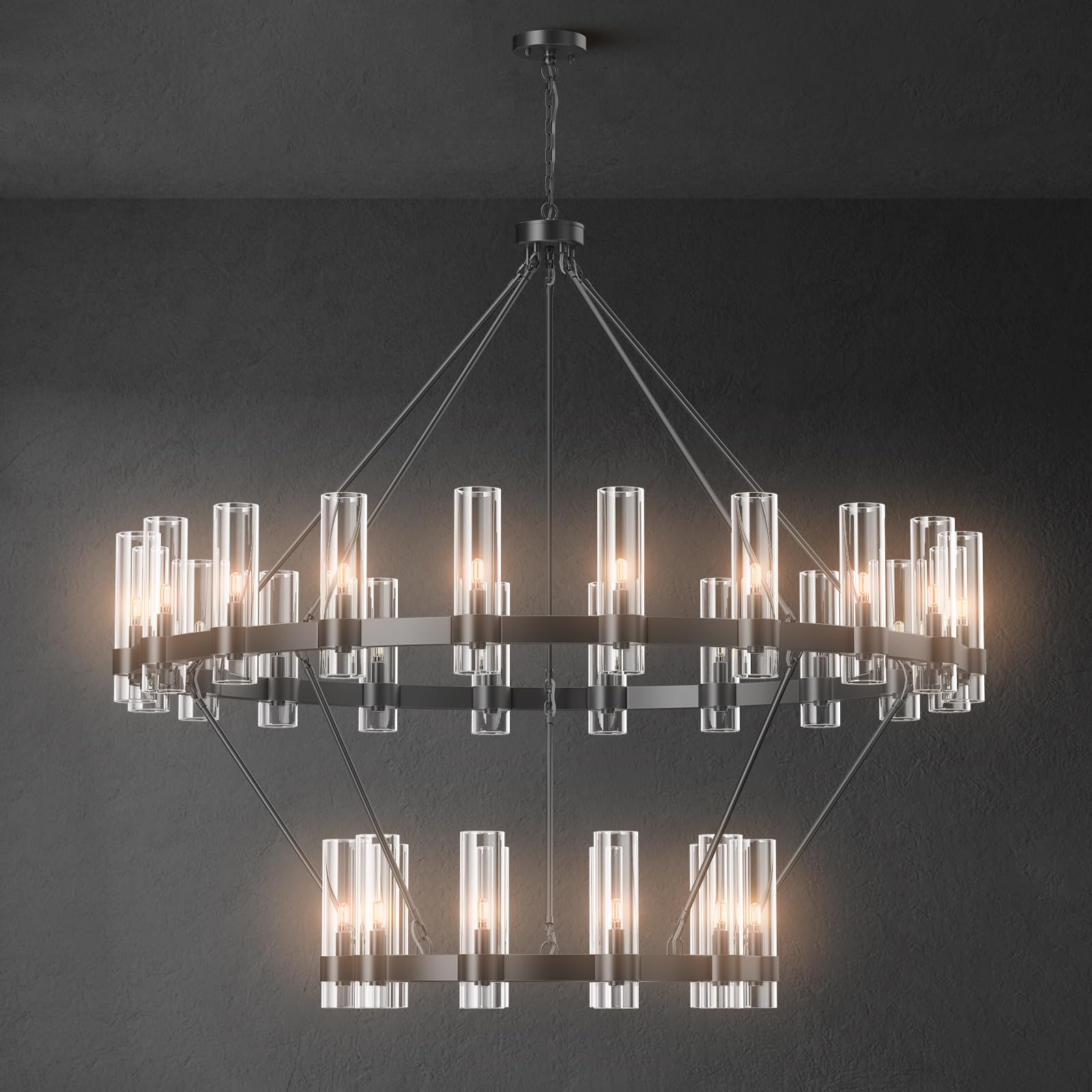 YIOSI Wagon Wheel Chandelier, 30-Lights Black Chandelier with Glass Shade,60 Inch Large Round Industrial High Ceilings Pendant L