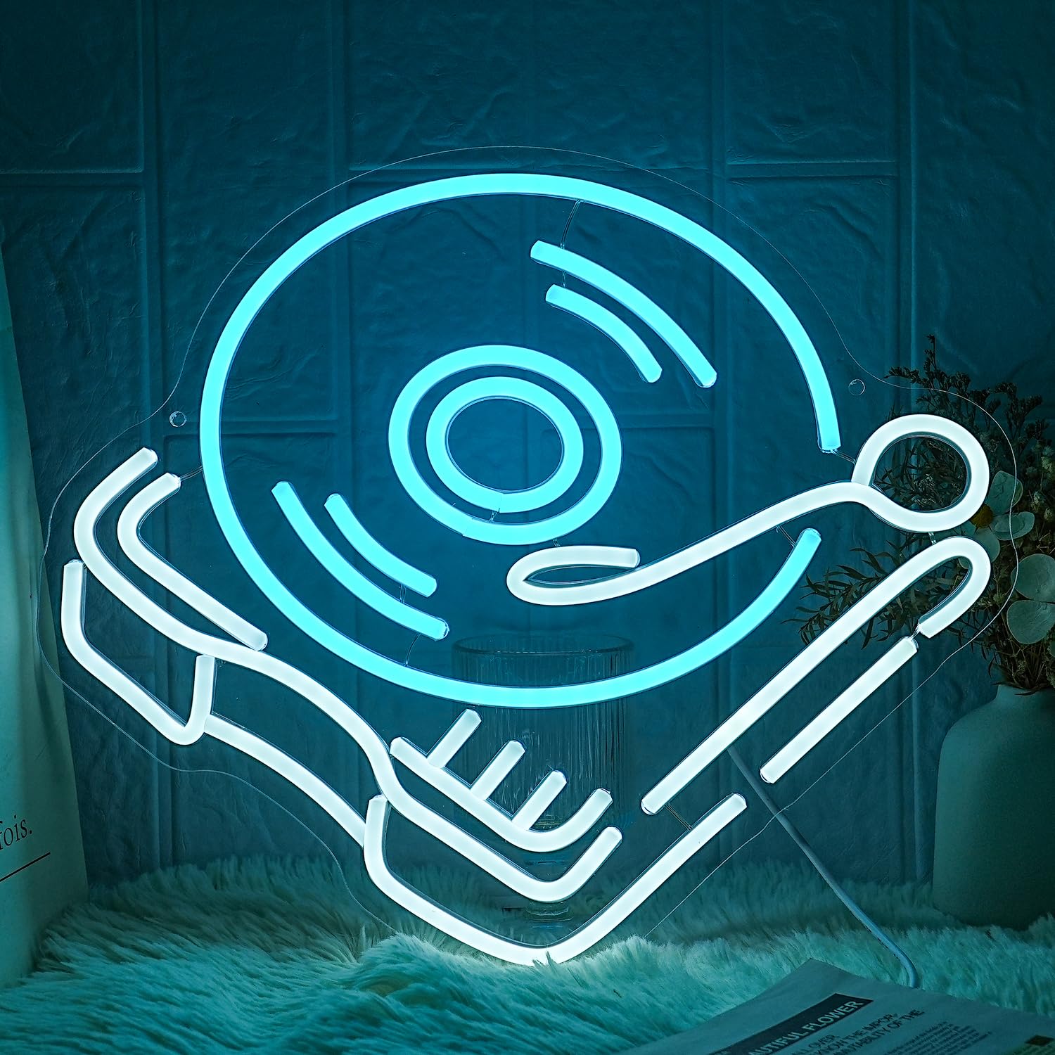 Lmsignly Record Player Neon Sign Retro Blue White Music Record Neon Light Neon Signs For Music Studio Decor Live Music Neon Light Sign For Bedroom malt-inspired Bar Decoration