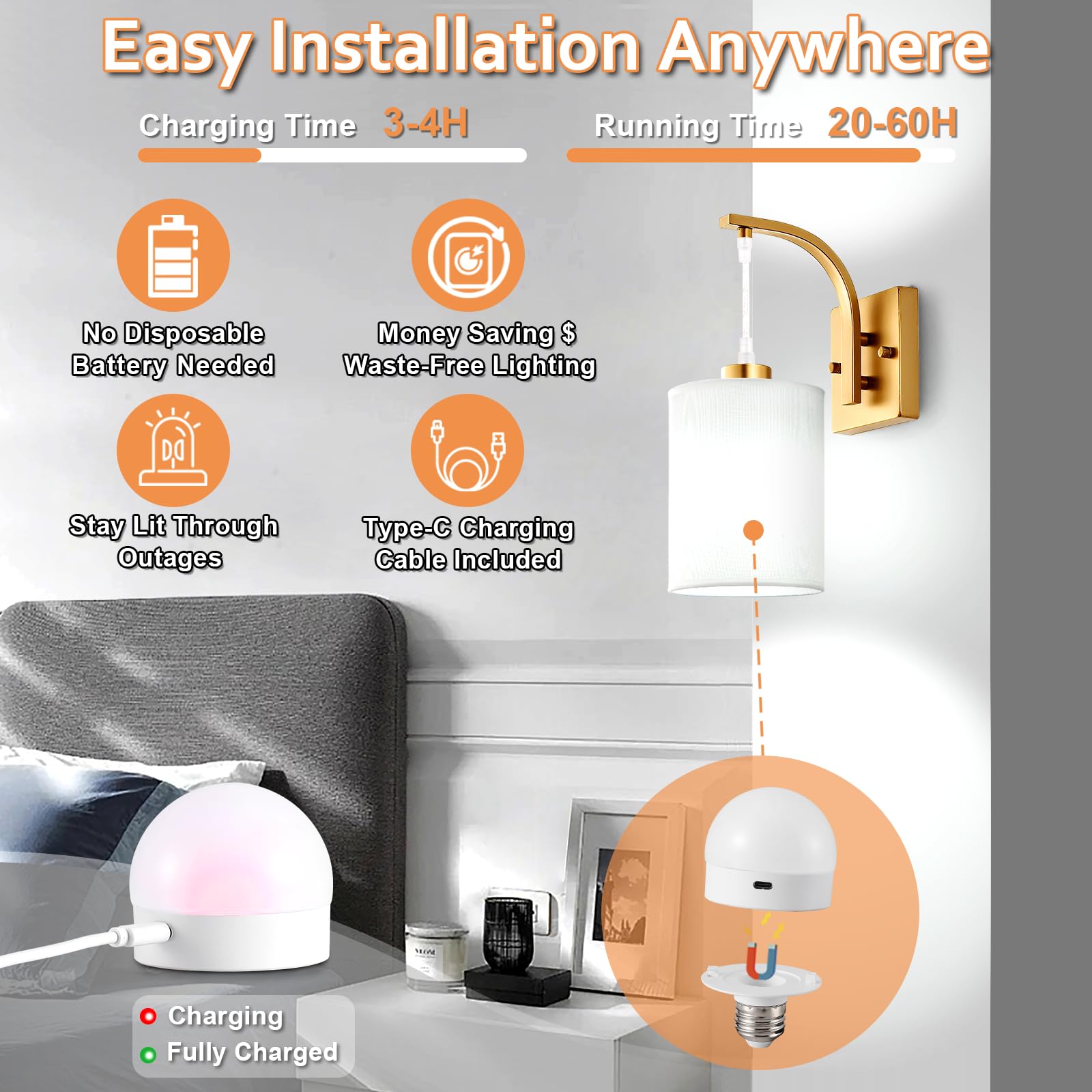CNOIJUTS Battery Operated Wall Sconces Set of 2, Brass Gold, Rechargeable with Remote, Dimmable, Indoor Lighting, Model W250301RC