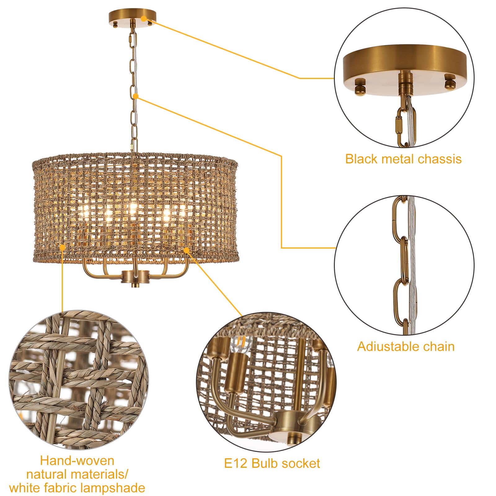 YOMECOO Hand-Woven Rattan Chandelier, 5-Lights Drum Design, Vintage Gold, MD206-Golden, Perfect for Dining Room & Kitchen Island