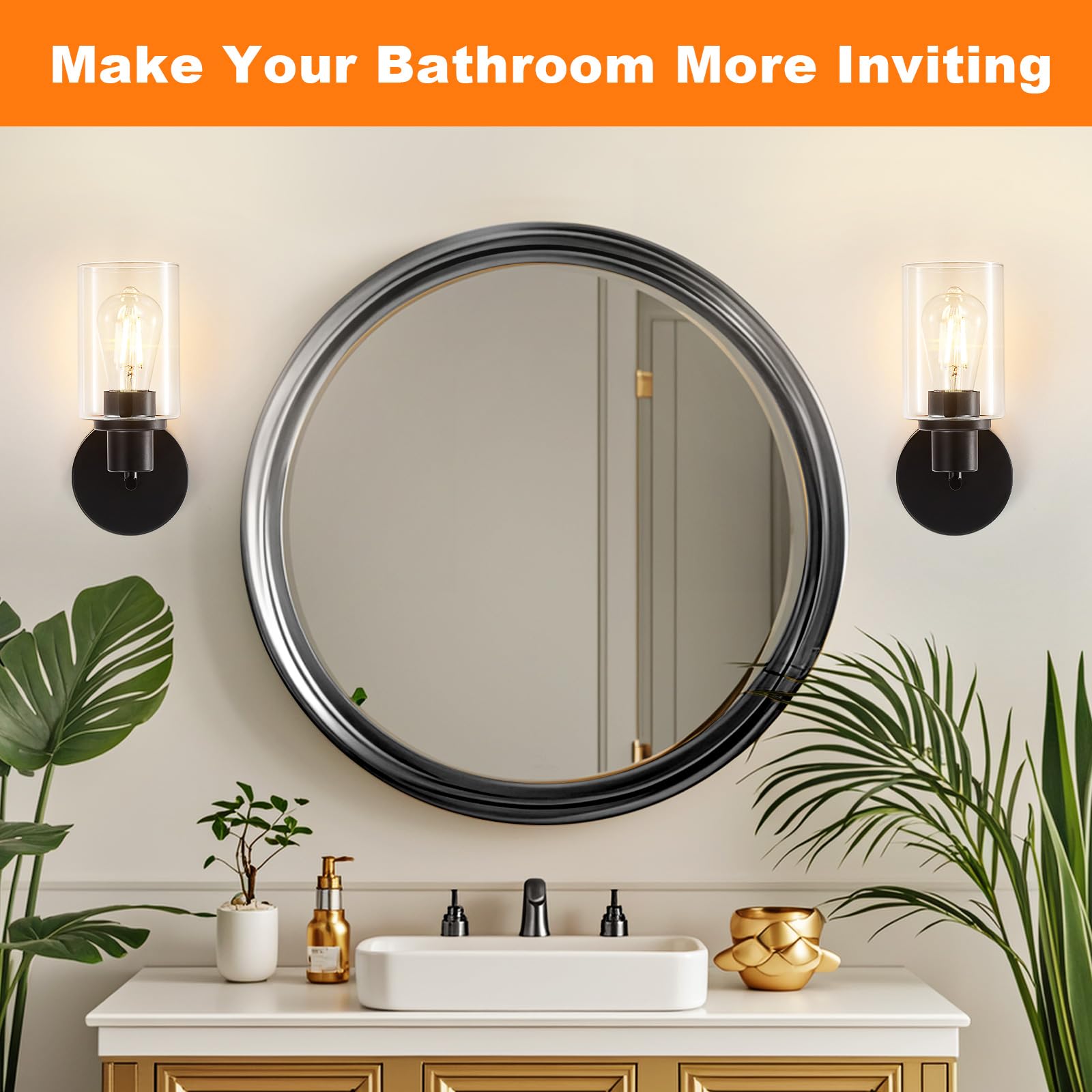 DINGLILIGHTING Wall Sconces - Modern Matte Black Bathroom Vanity Lights, Clear Glass Shade, 1-Light, 2 Packs