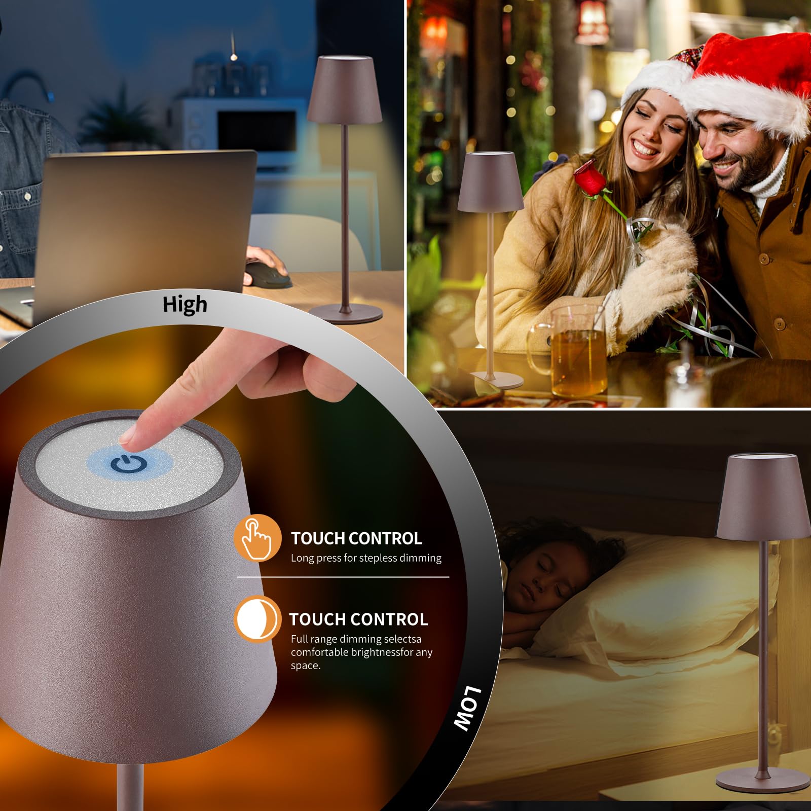 IMQSQIK Cordless Table Lamp - 5000mAh Rechargeable LED, 3 Color Modes, Stepless Dimming, Brown, Model CL-2pbrown