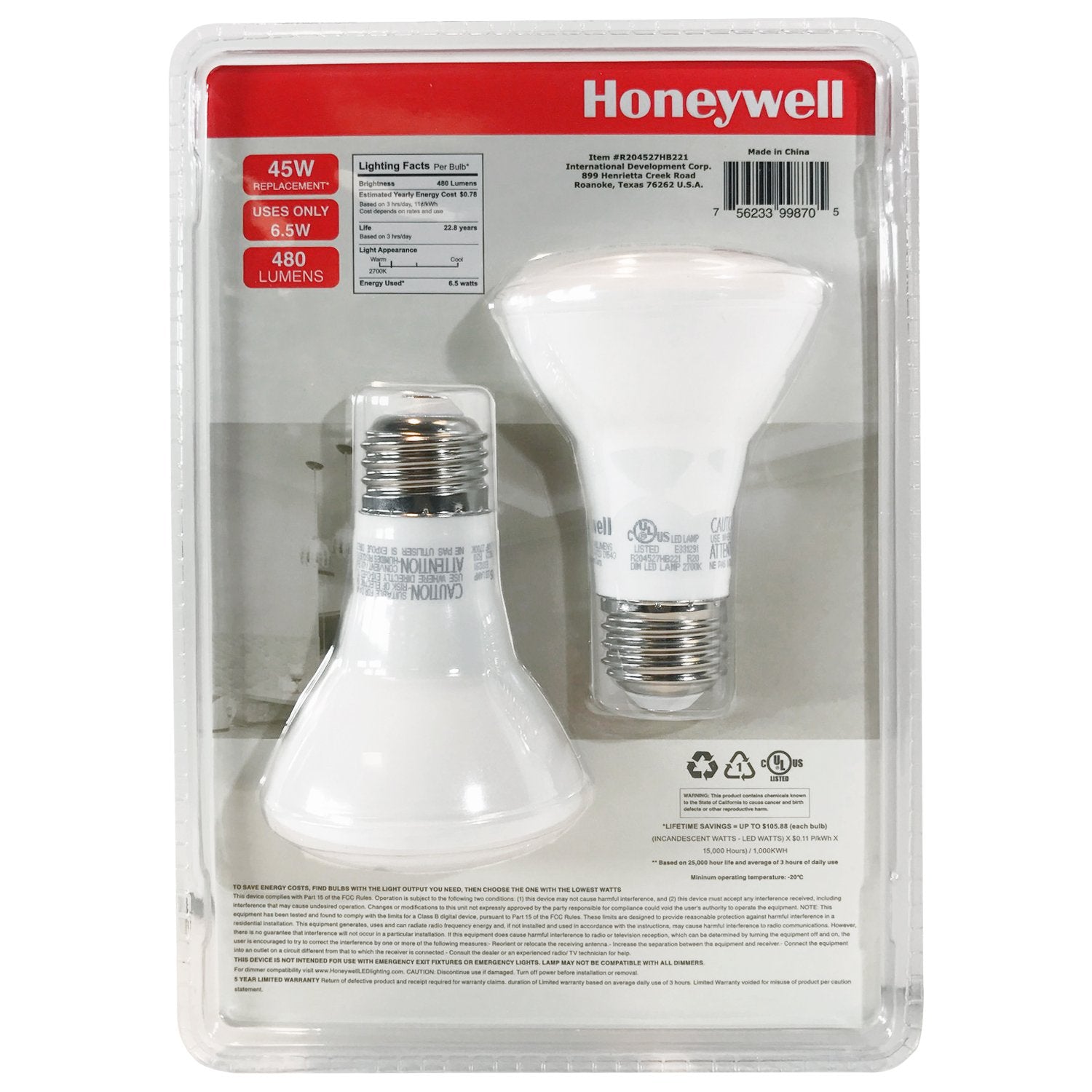 Honeywell R204527HB221 LED R20 Dimmable Flood Light Bulbs - 45 Watt Equivalent - E26 Medium Base Screw Cap - Soft White Light (2