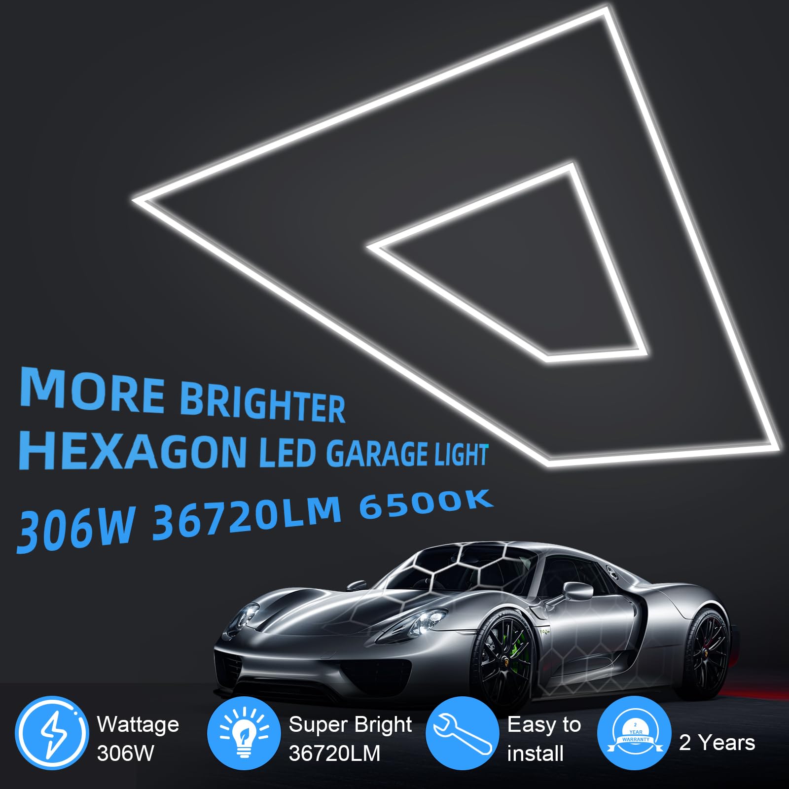 MODERN Hexagon LED Garage Light 36720 Lumens Polycarbonate 2 Rectangles 190.2inL x 95.7inW x 1.4inH White Model LFXBB-H