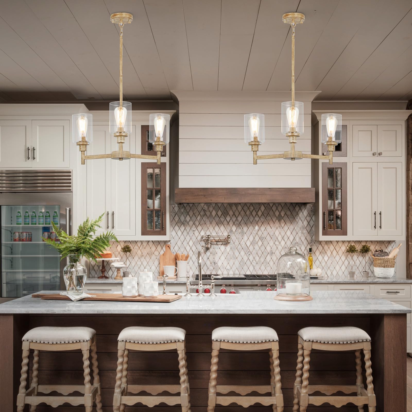 3 Light Farmhouse Chandelier | Rustic Chandeliers For Dining Room Light Fixtures |   Wood Hanging Lighting With Clear Glass Cover For Kitchen Island | Entryway | Bathroom | Corridor | Hallway