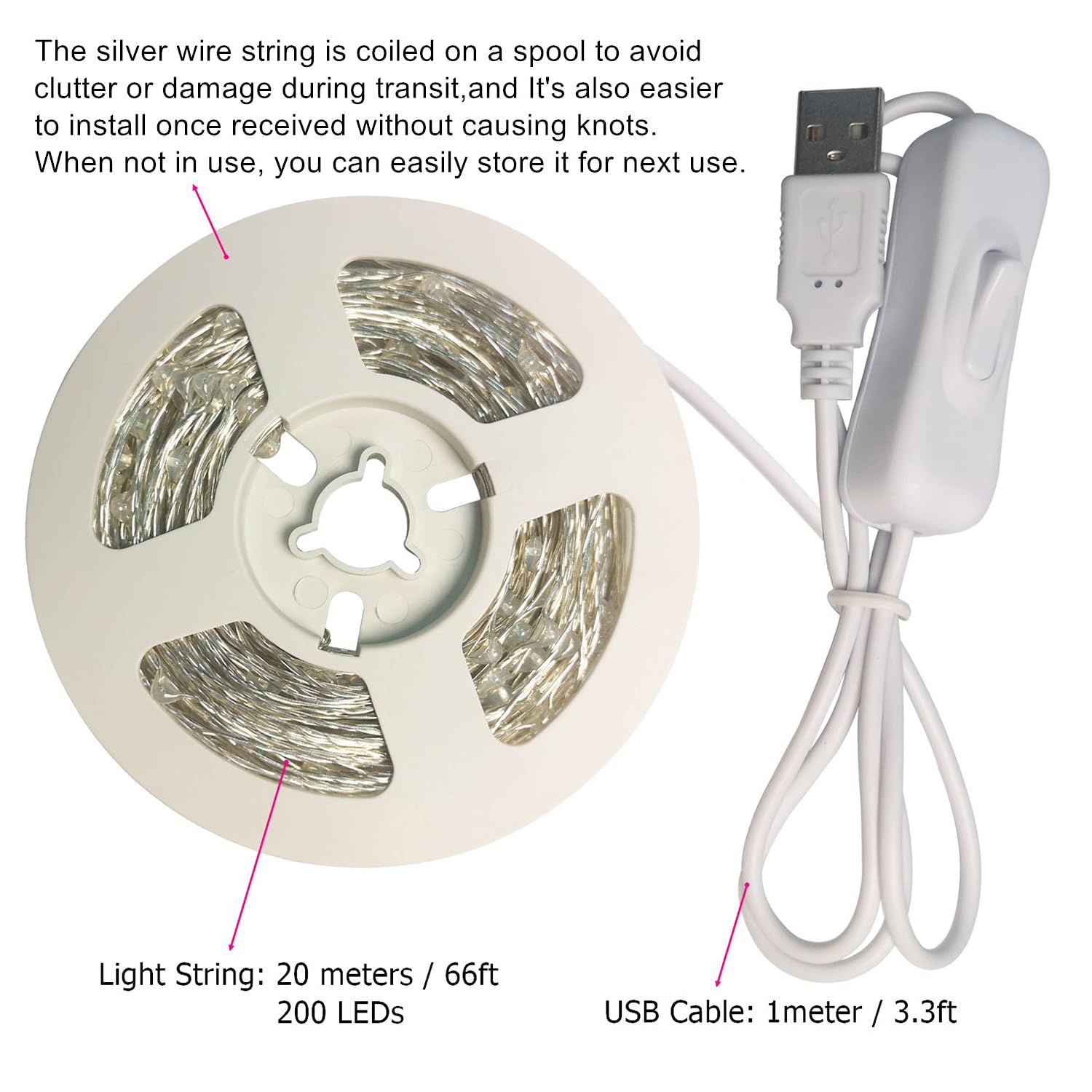 RUICHEN Fairy String Lights 200 LED 66 Ft USB Cool White Copper Wire UY-20M200L