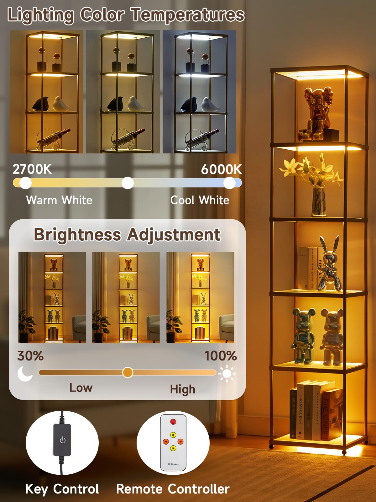 Manbur Display Shelf With Dimmable Led Floor Lamp, Display Cabinet With Glass Bookcase, Home Decor, Bedroom Decor, Bookshelf Wit