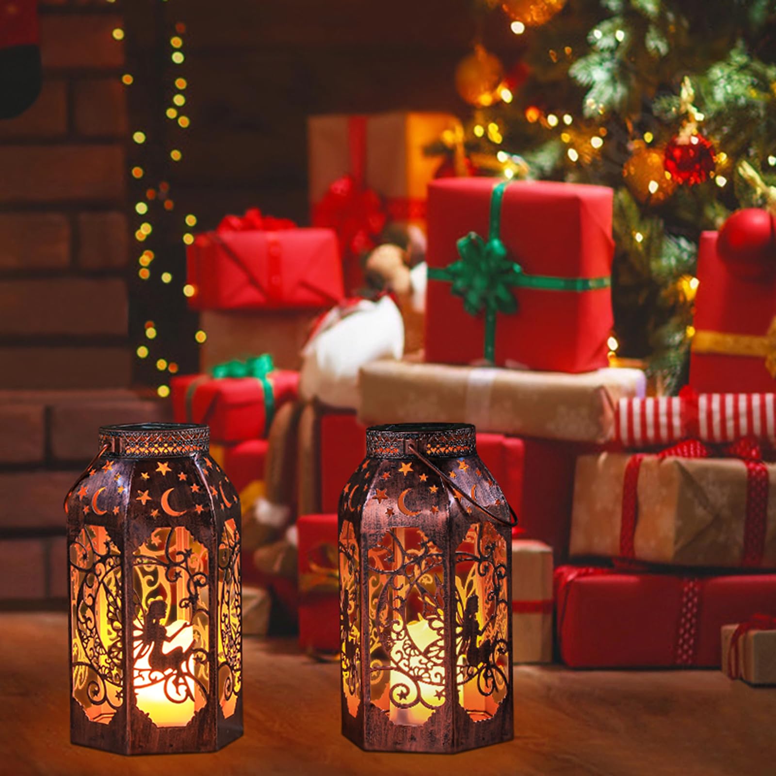 Singingarden Solar Lanterns Outdoor Garden Hanging Lantern Waterproof Led Metal Bronze Moon Fairy Lantern Waterproof Flickering Flameless Candle Mission Lights For Table,Patio,Mother'S Day Gift(2Pack)