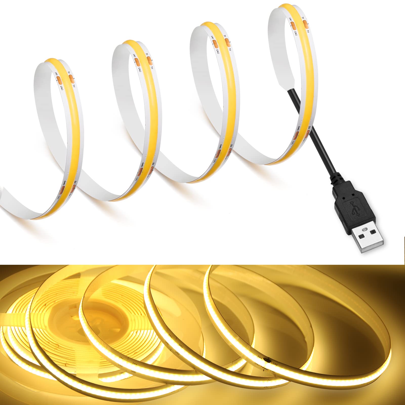 MDee COB LED Strip Lights, 3000K Warm White, USB Powered, 6.56ft/2m, 320 LEDs/m, Model LEDSTRIPLIGHT