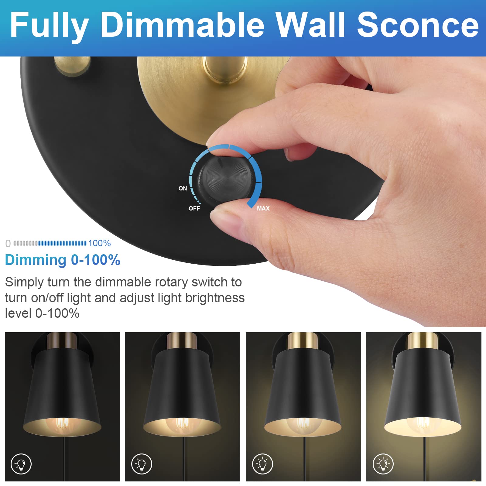 VATONI Wall Sconce Plug-In, Dimmable Adjustable Light, 2 Pack, Black, Brass, Model Stlamp-Blk-2P, Bulbs Included