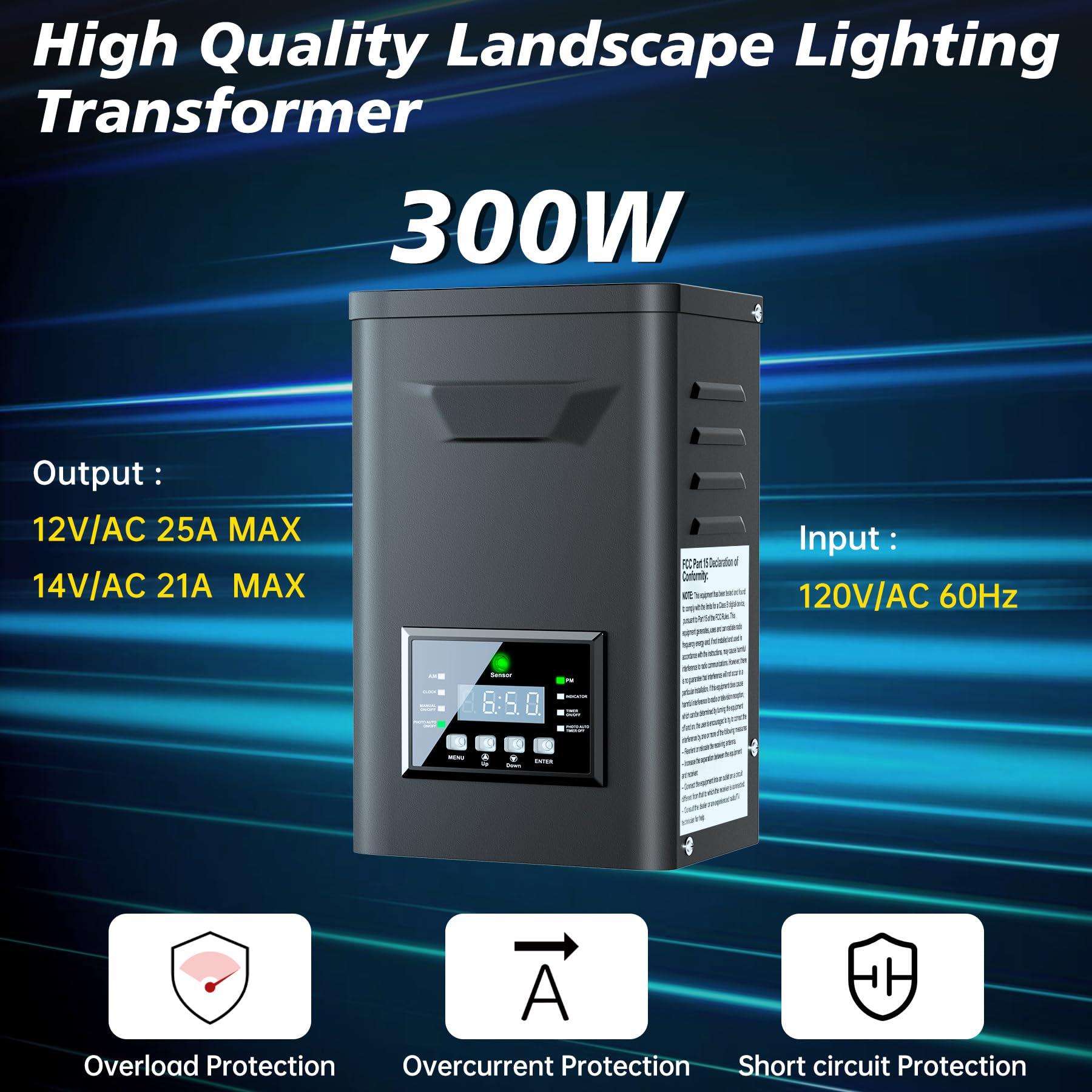 Azhien 300W Low Voltage Landscape Transformer with Timer & Photocell Sensor, Black, 120V to 12V/14V AC for Outdoor Lighting