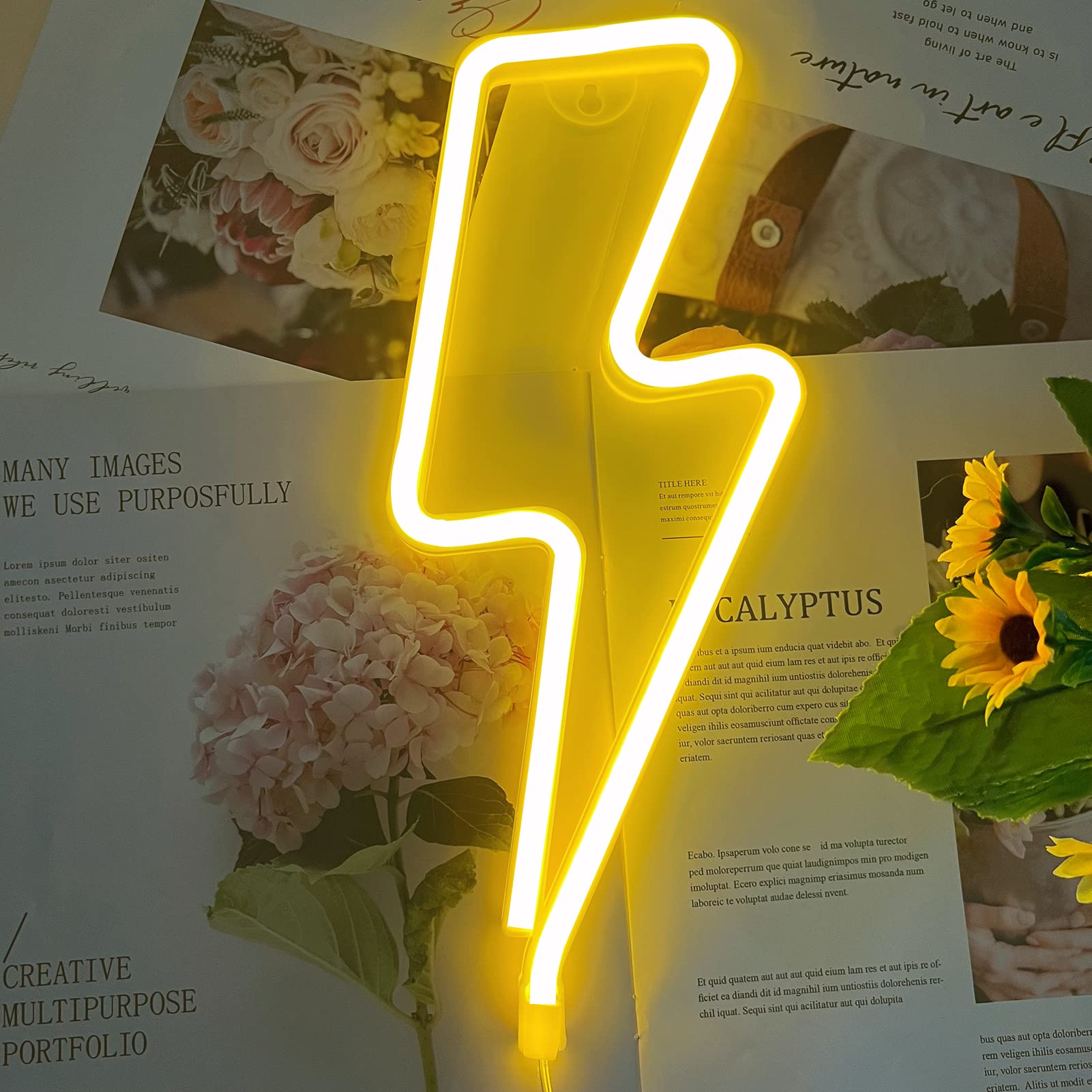 BerniceKelly Neon Lightning Bolt Sign, USB/Battery Powered, 13.2inx5.3in, Yellow