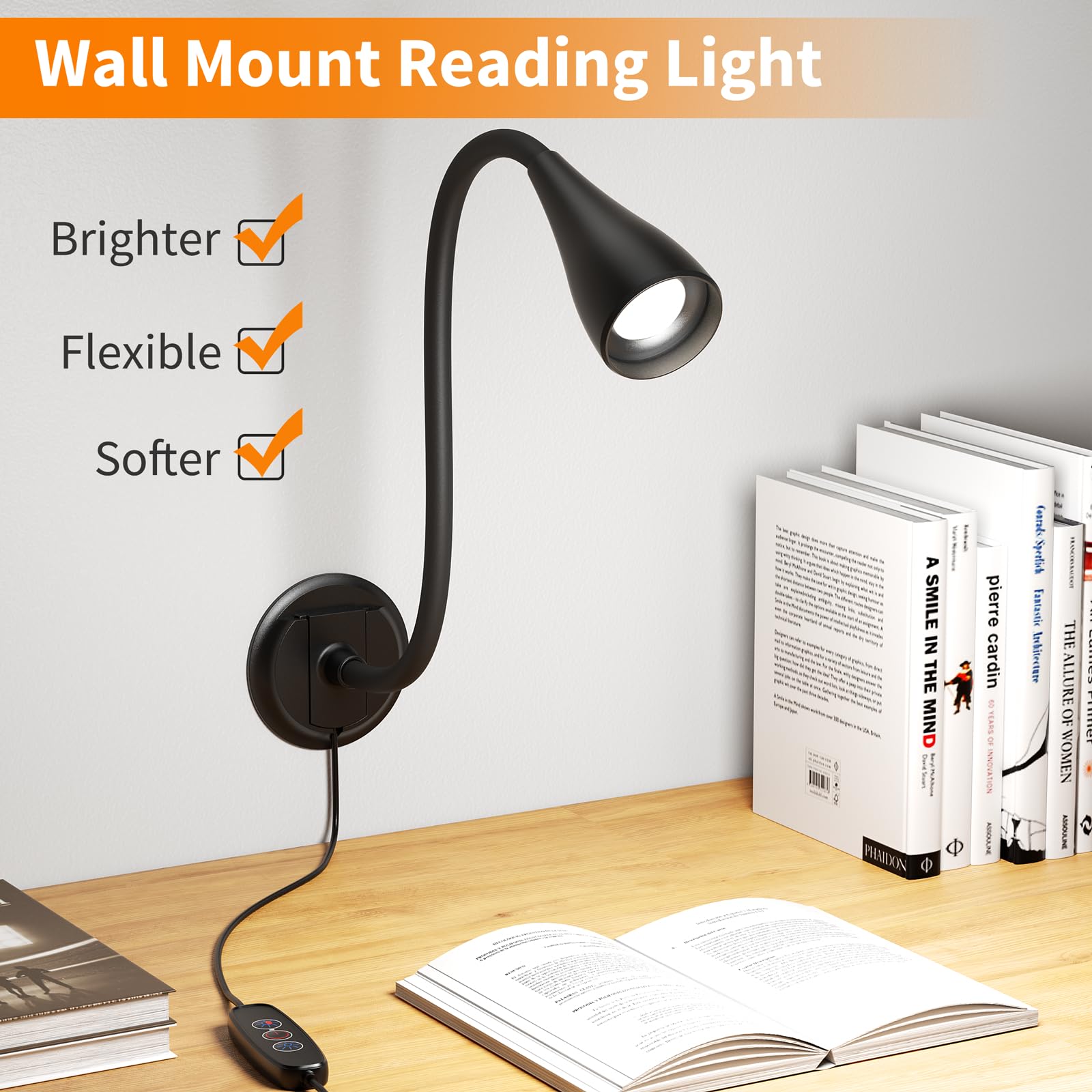 Kaulsoue USB Dim Book Lights for Reading, Portable 1 Set/Black, Model KX06, Ideal for Bedside, Adhesive Wall Sconces