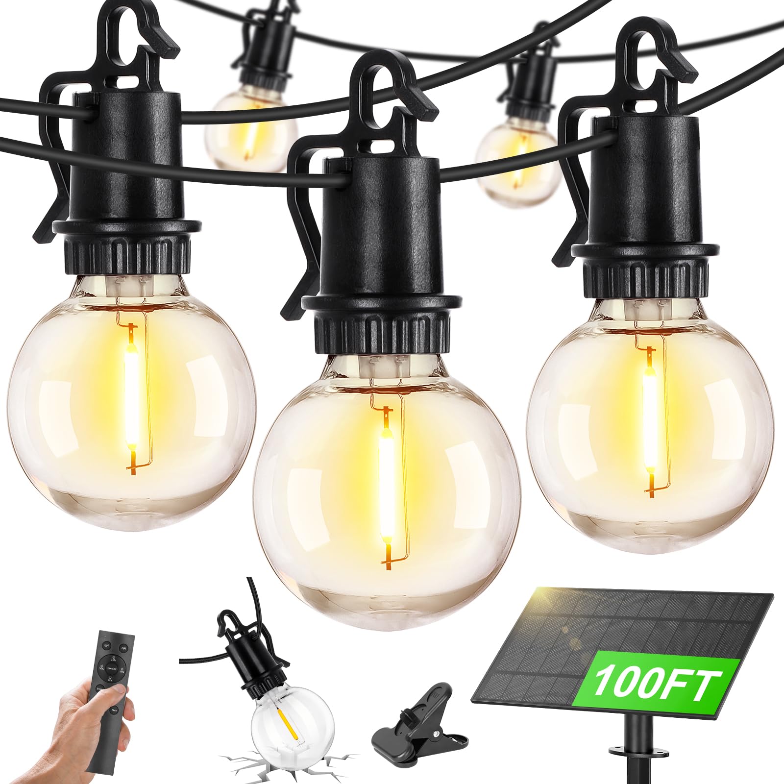 ZJOJO Solar String Lights 100FT with 30+2 Shatterproof Bulbs, Remote, USB Port, Waterproof, Black, Model ZJOJO