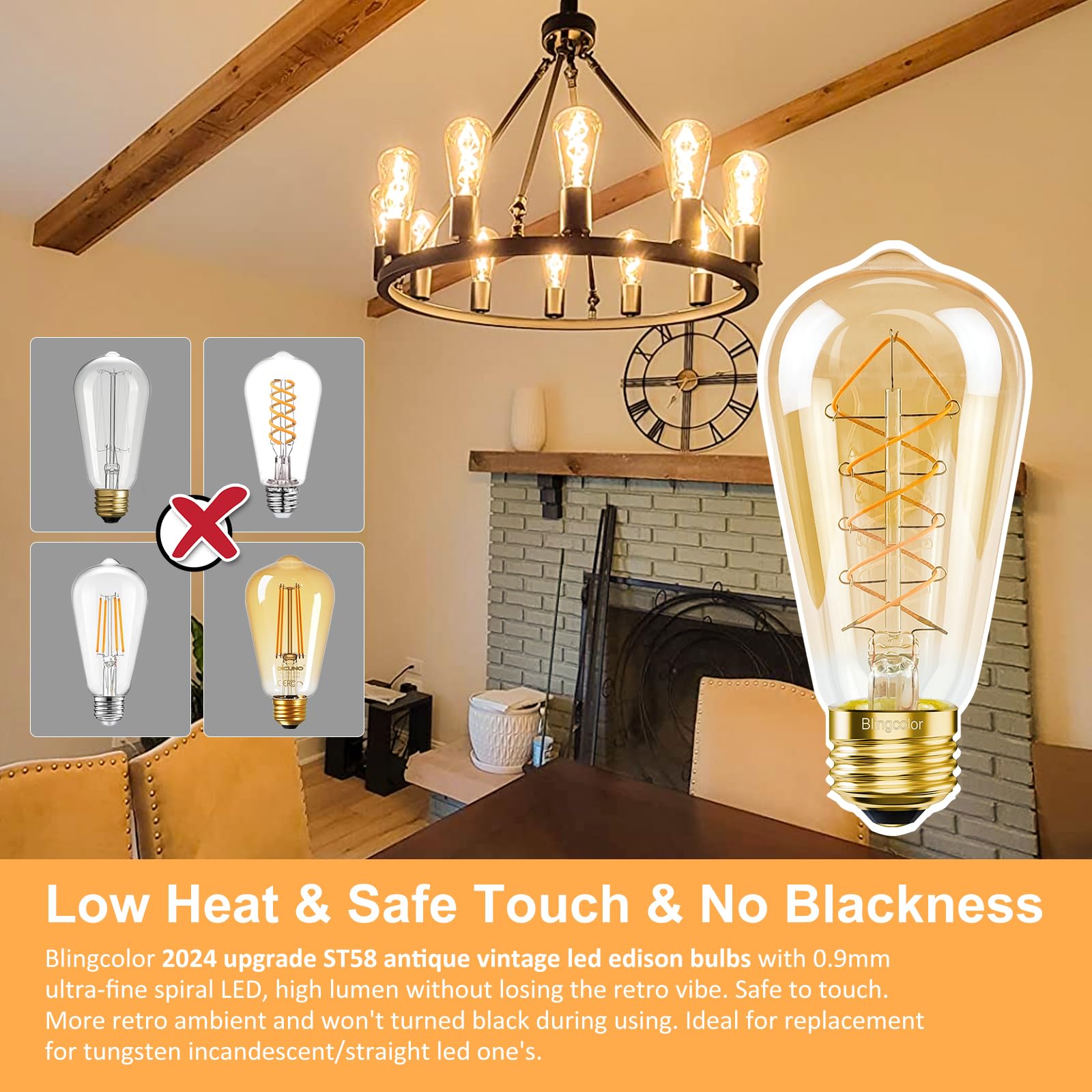 Dimmable E26 Led Edison Bulbs 60 Watt Equivalent, 6W Led Vintage Edison Amber Warm Light Bulbs 2200K, 4 Pack St58 Antique Decora
