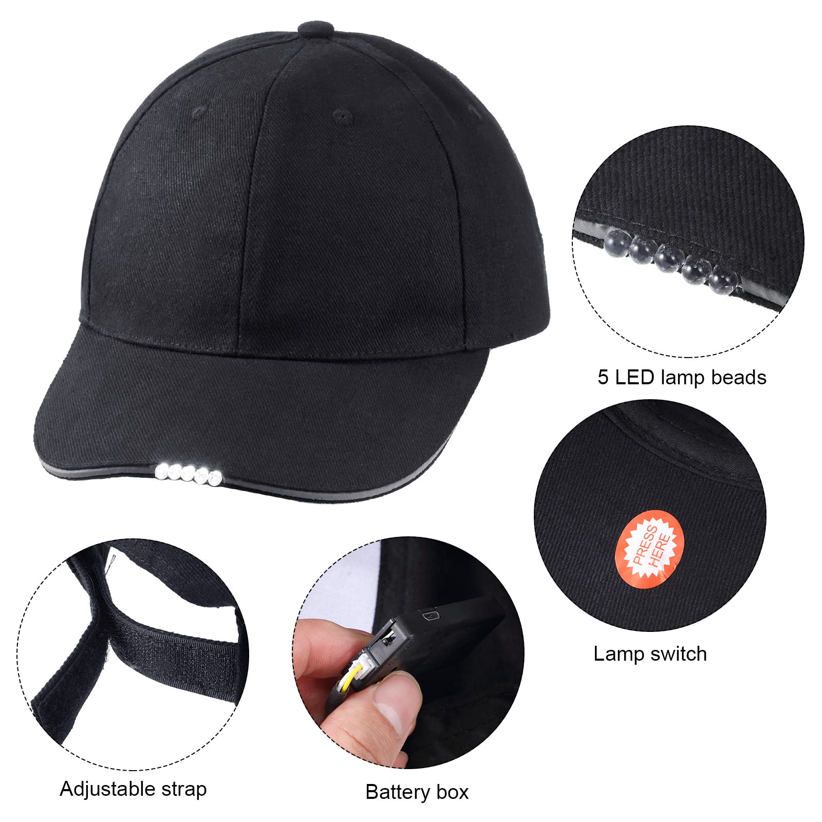 Syhood Hands-Free LED Baseball Cap with 5 LED Headlamp, One Size, Black, Model Syhood-2134