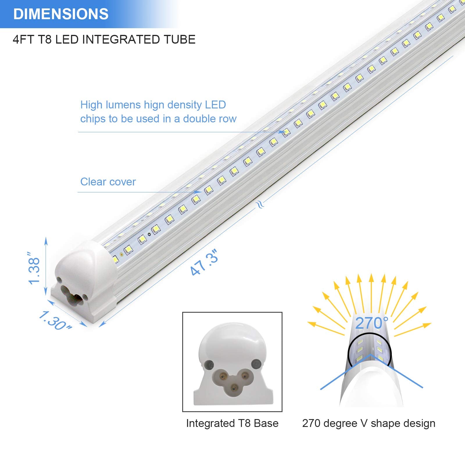 Phiwicsh LED Shop Light 4FT, 40W 5400LM, 6500K, V Shape, Aluminum, 10 Pack