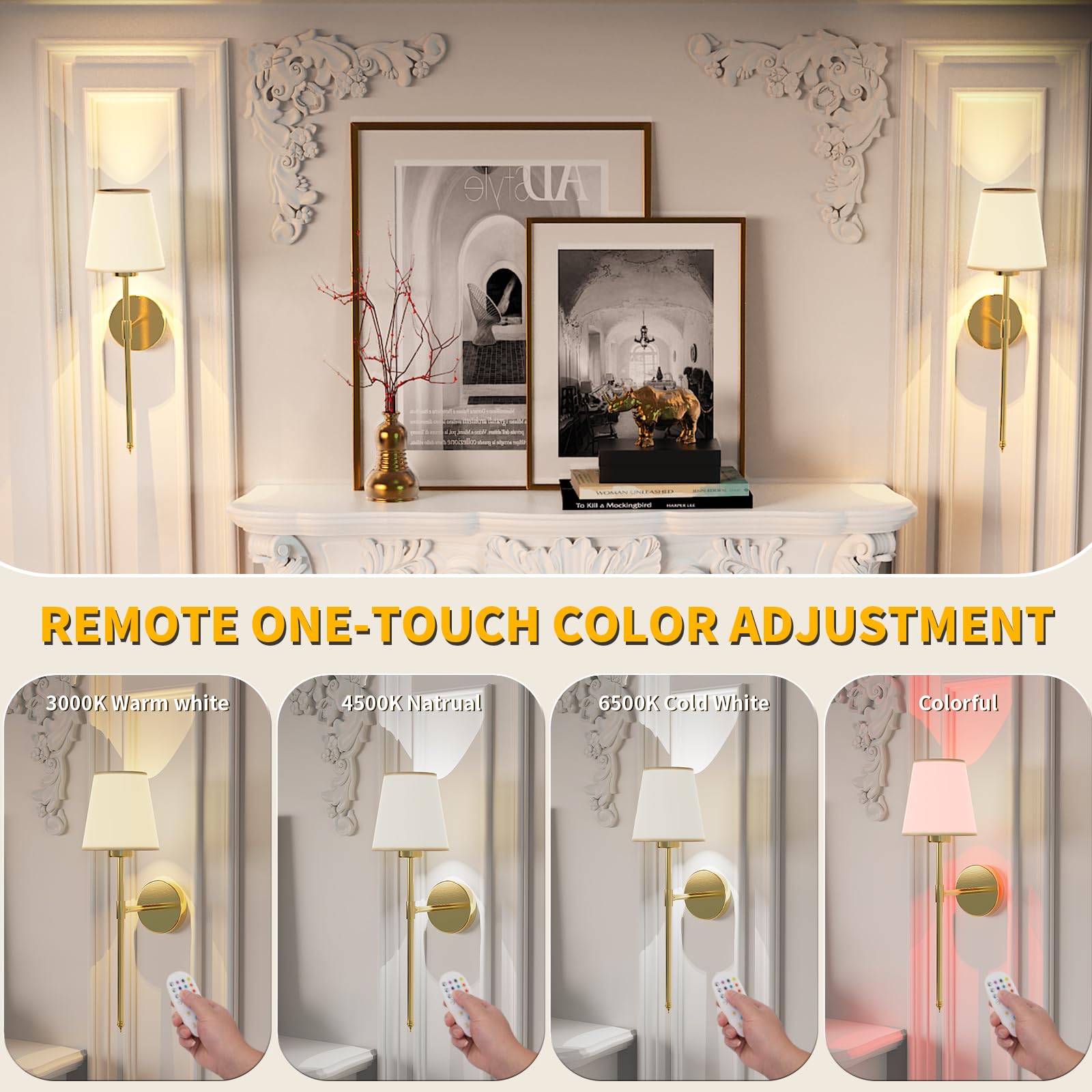 Battery Operated Wall Sconce Set Of 2, Gold Rechargeable Wireless Wall Sconces With Remote, Dimmable 12 Colors Modes Led Wall Li
