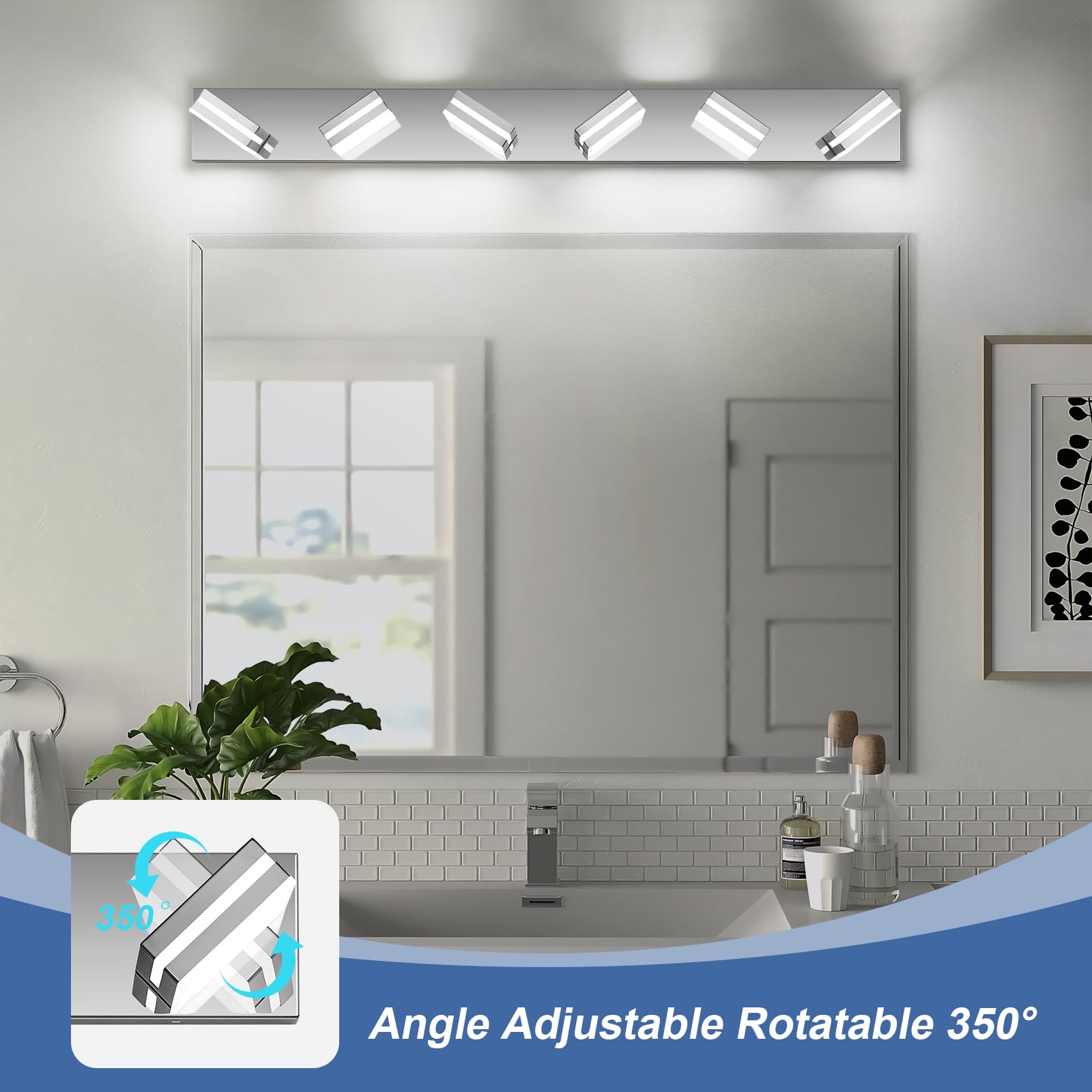 JZEKVN Modern LED Bathroom Light Fixture, 6-Light, 41.73in Chrome Acrylic Vanity Lighting, Model 202541008