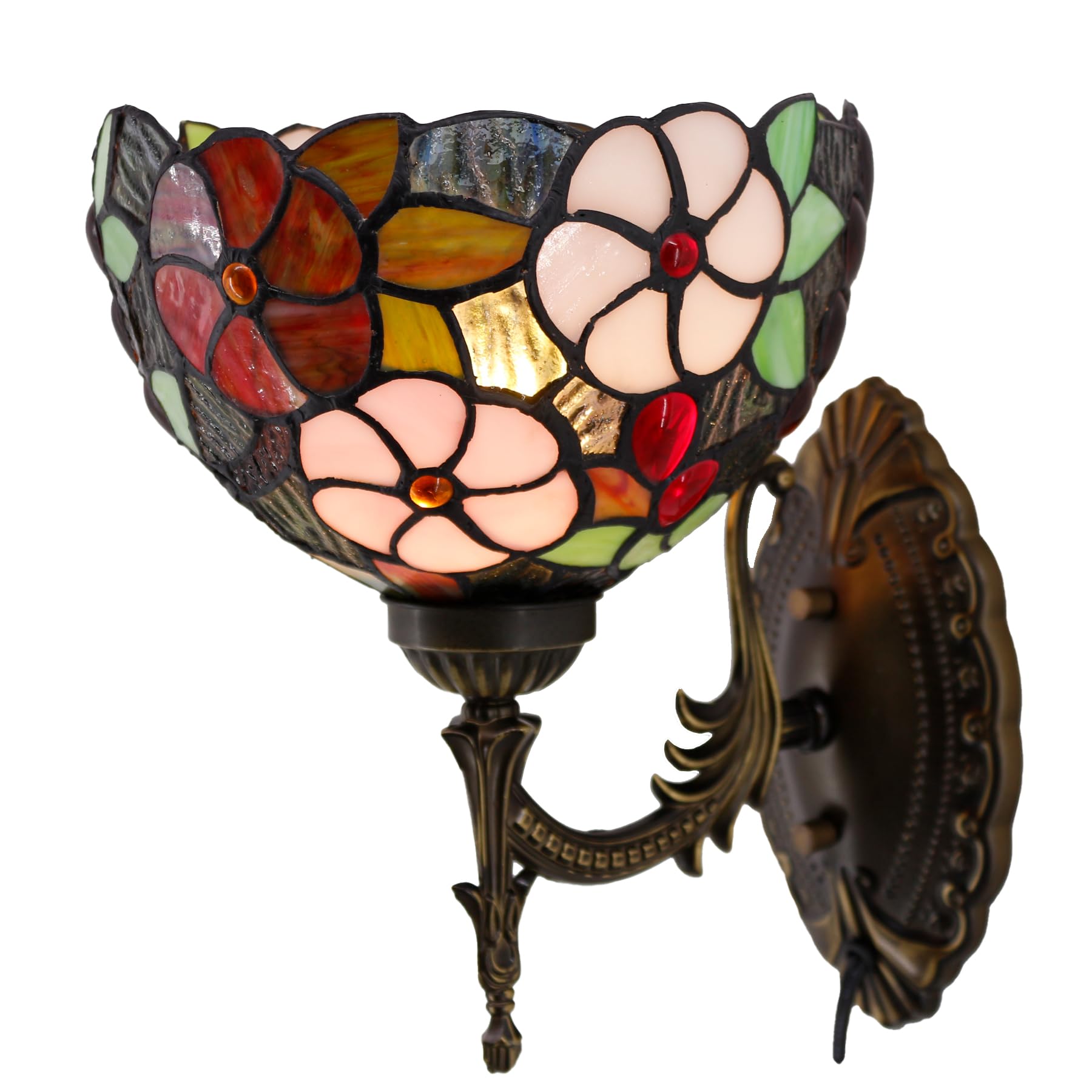 Tiffany Wall Sconce Lamp Plug In Or Hardwire Wall Light With 8 Inch Green Purple Grape Stained Glass Flower Lampshade 8X10.5X11