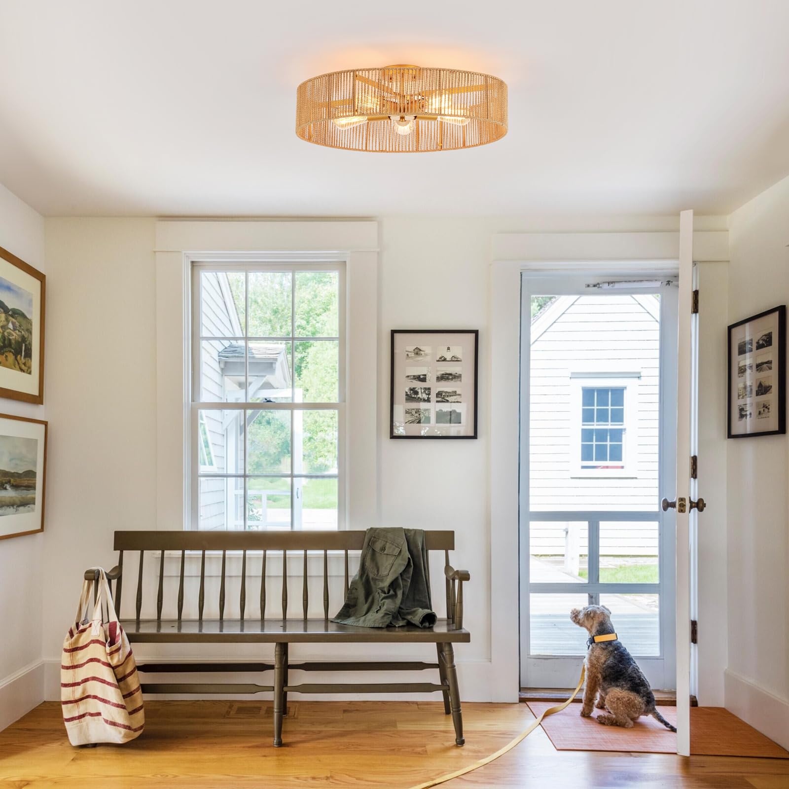 Mhytogn 24'' Natural Rattan Flush Mount Ceiling Light Fixture Antique Brass Brush Paint Finish Boho Chandelier For Porch Patio H