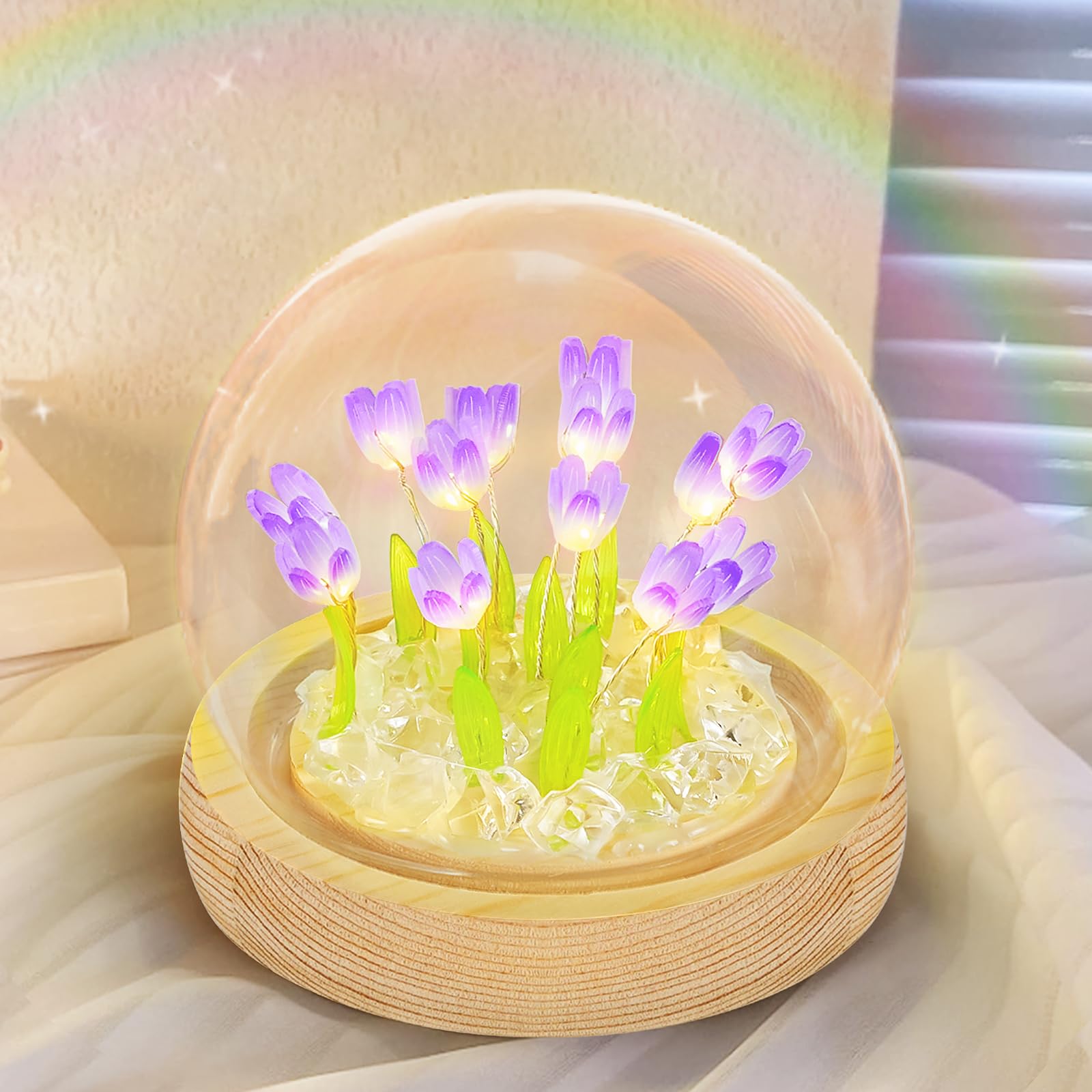 ONXE Glass Flower Night Light Lamp with Wooden Base, Purple Battery Powered Decor for Home, Unique Gift for Mom, Christmas, Birthday